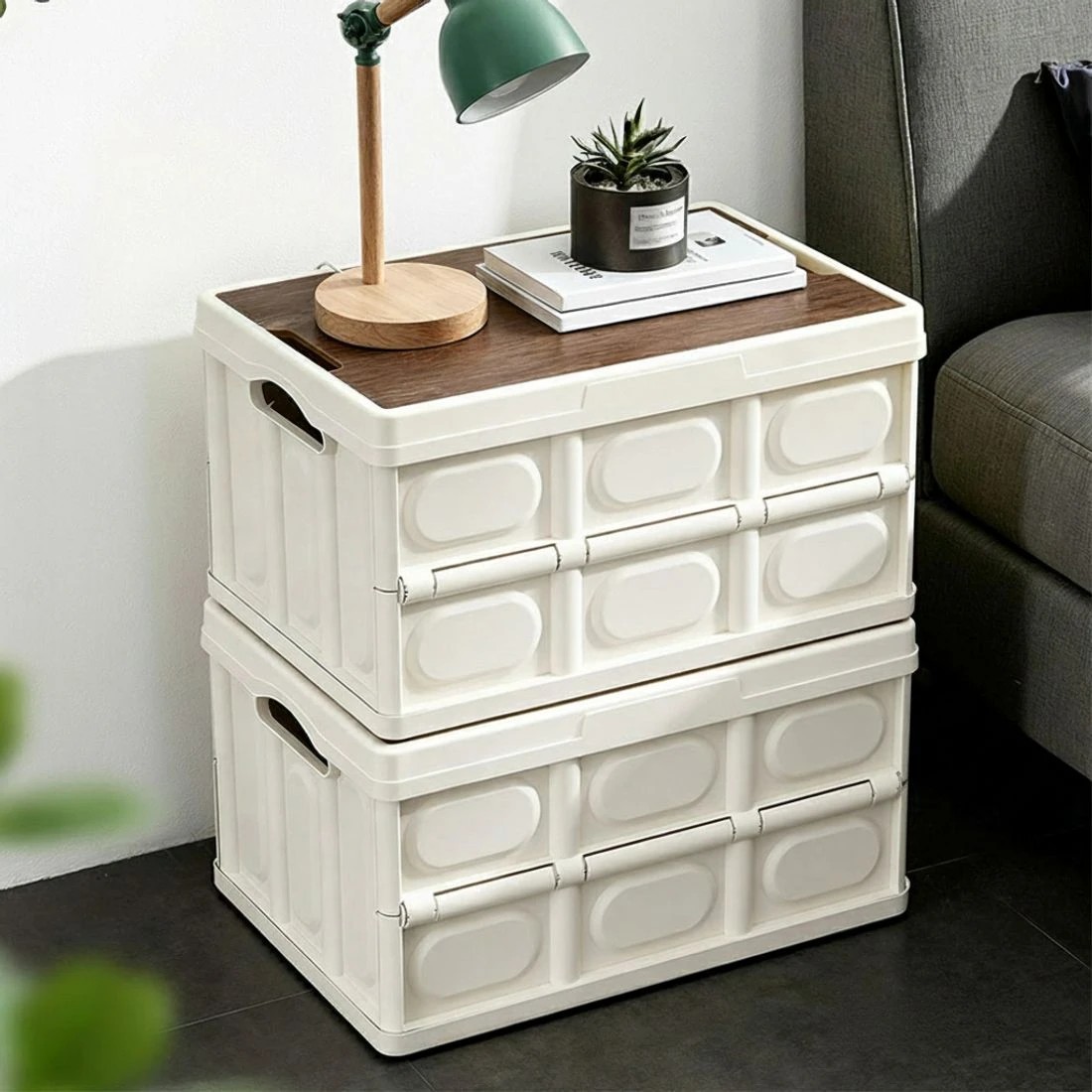 6 Gardeon Collapsible Outdoor Storage Box 50L Stackable Folding Camping Organizer Plywood Lid - Multi, 6 of 7