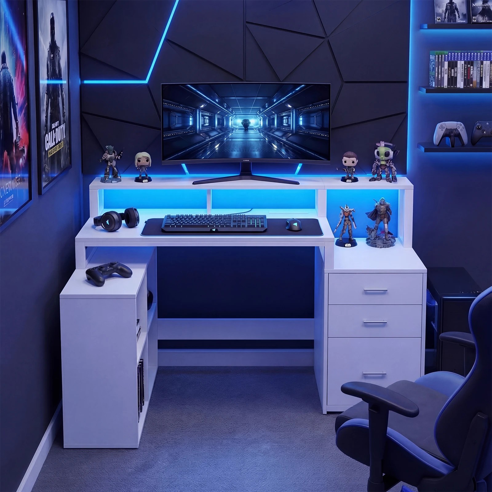2 Advwin L Shaped Computer Desk with LED Lights & Power Outlets - White, 2 of 10