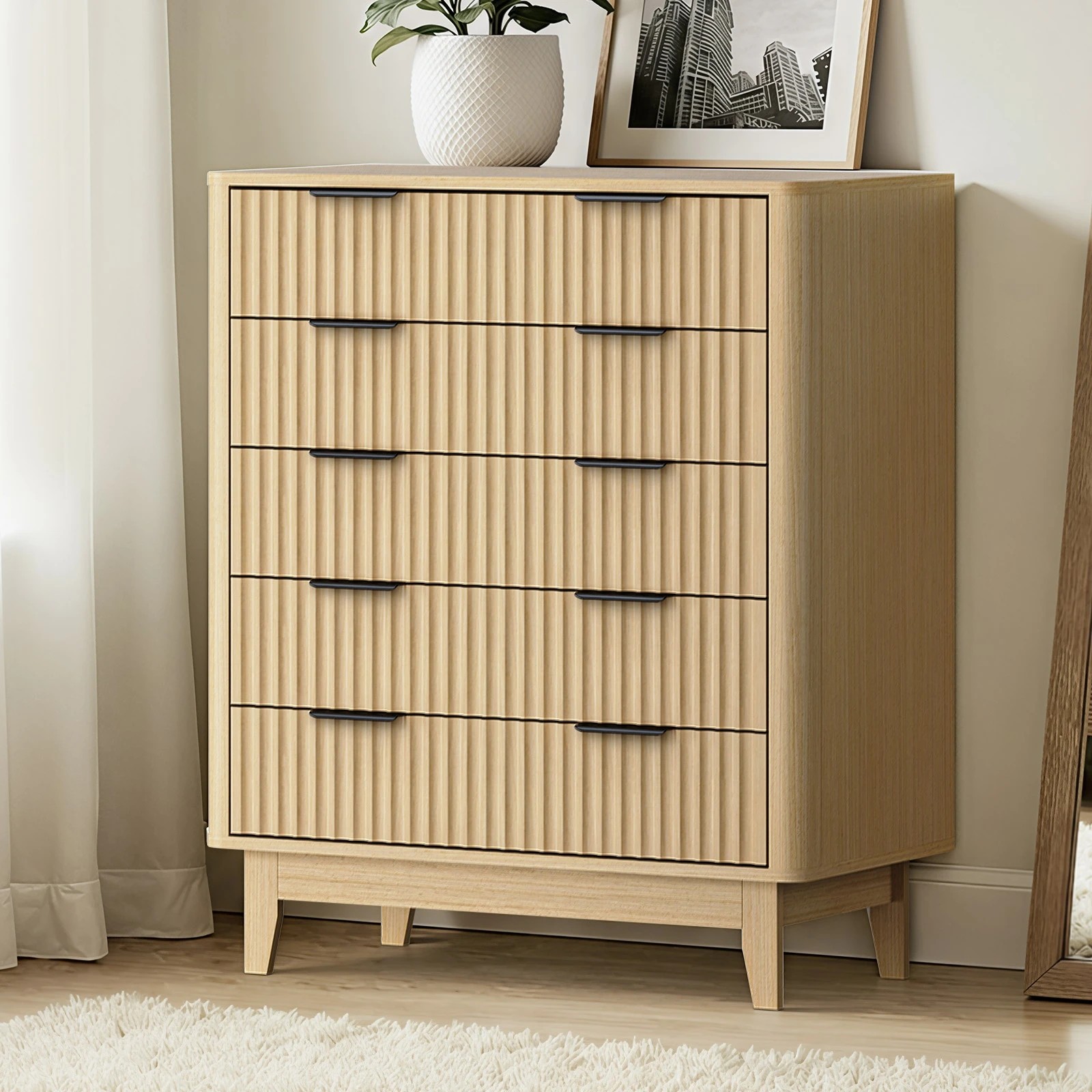 2 Oikiture 5 Chest Of Drawers Storage Cabinet Dressers Tallboy Stripe
 - Natural, 2 of 9