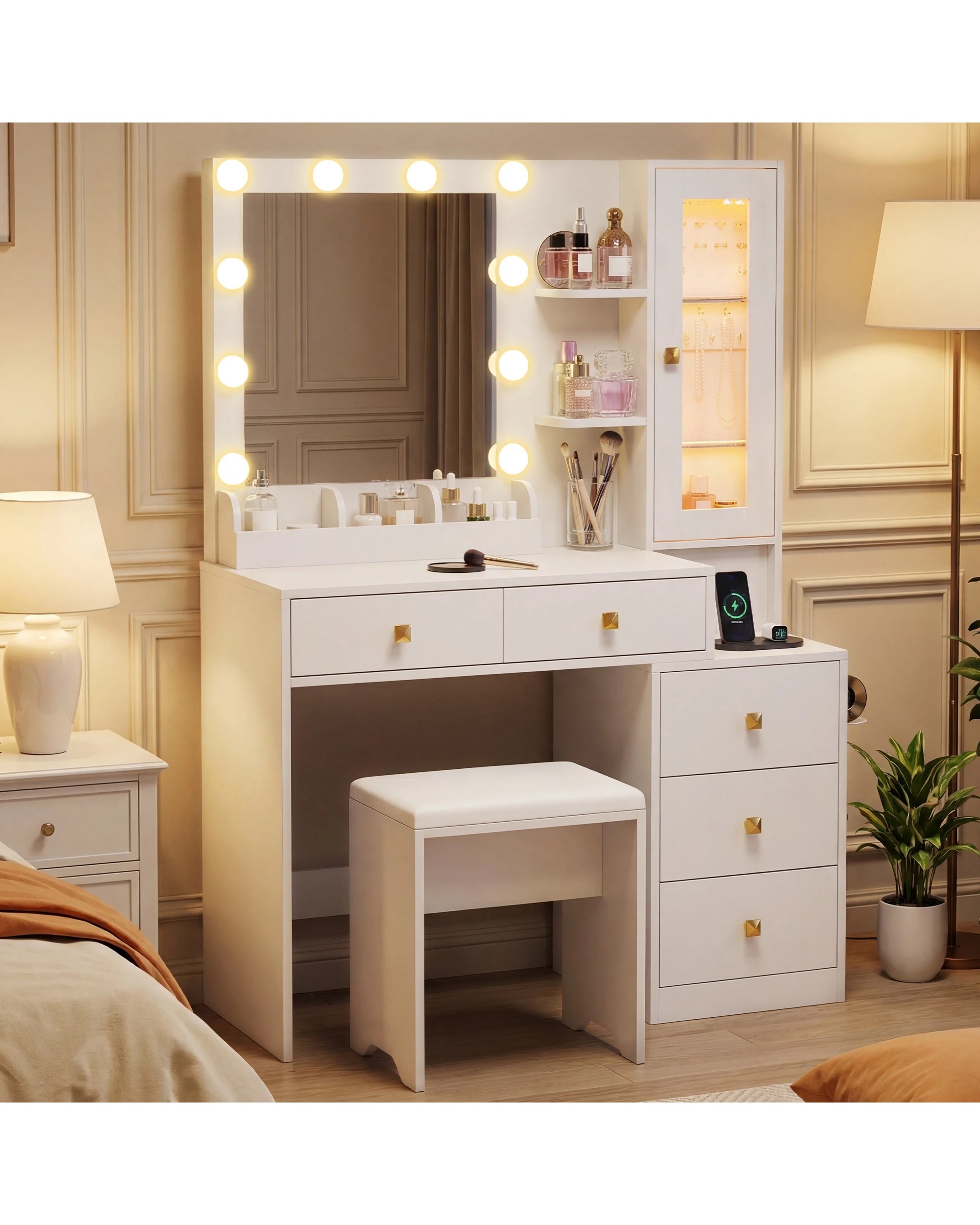 2 Advwin Dressing Table Makeup Mirror Stool Set with Charging Station LED Light - White, 2 of 9