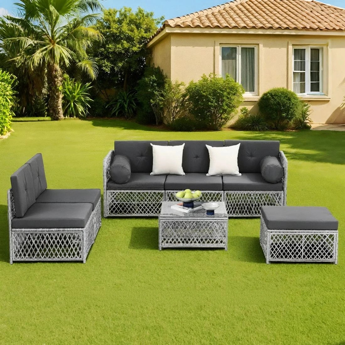 4 Gardeon 6 Seater Outdoor Sofa Set 7PCS Table Chair Set Garden Rattan Patio - Grey, 4 of 6