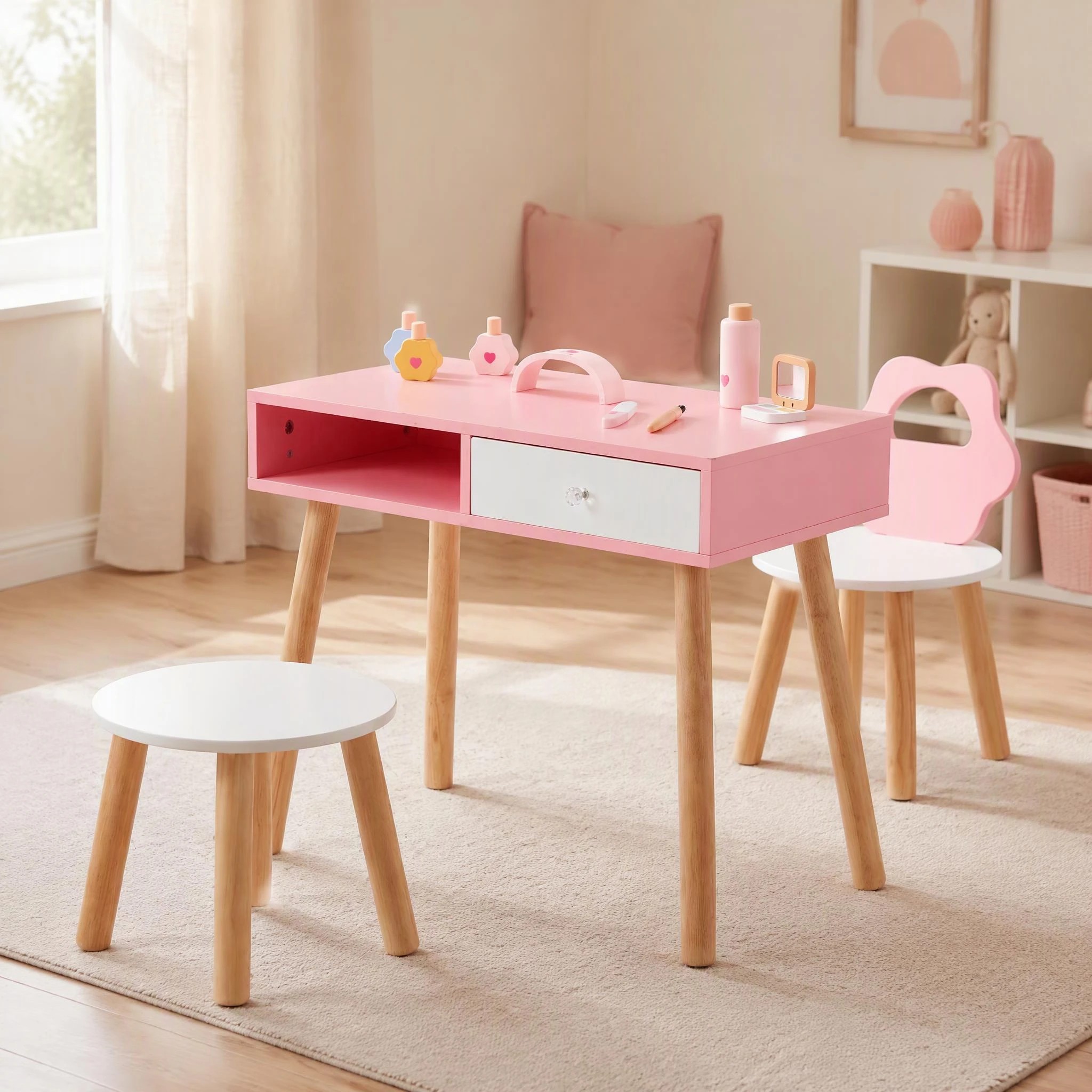 9 Costway Table Chair & Stool Set Pretend Nail Salon Playset - Pink, 9 of 9