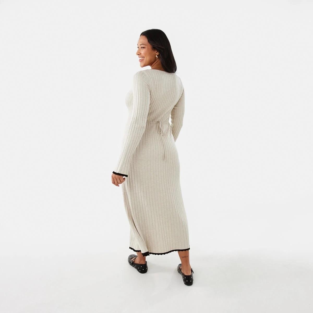 3 Long Sleeve Contrast Edge Rib Maxi Dress Nat Beige, 3 of 10