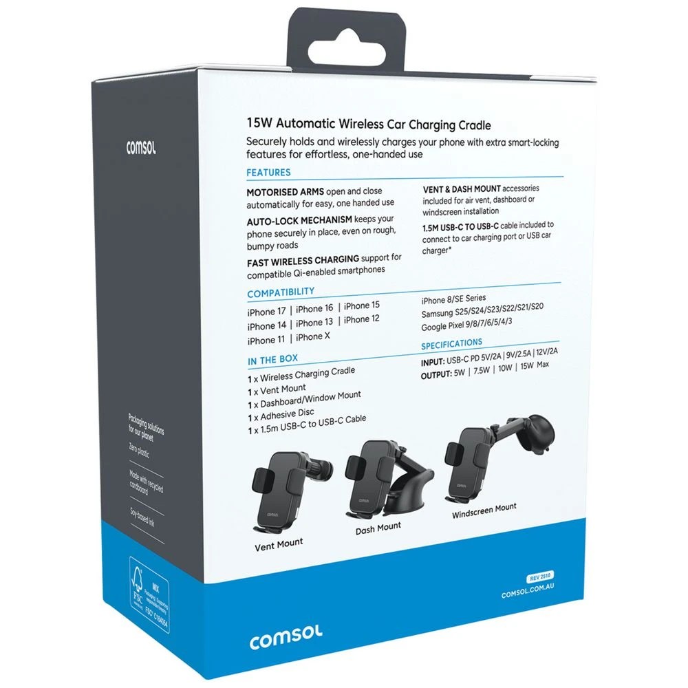 3 Comsol 15W Auto-Lock Wireless Car Charger Black, 3 of 7