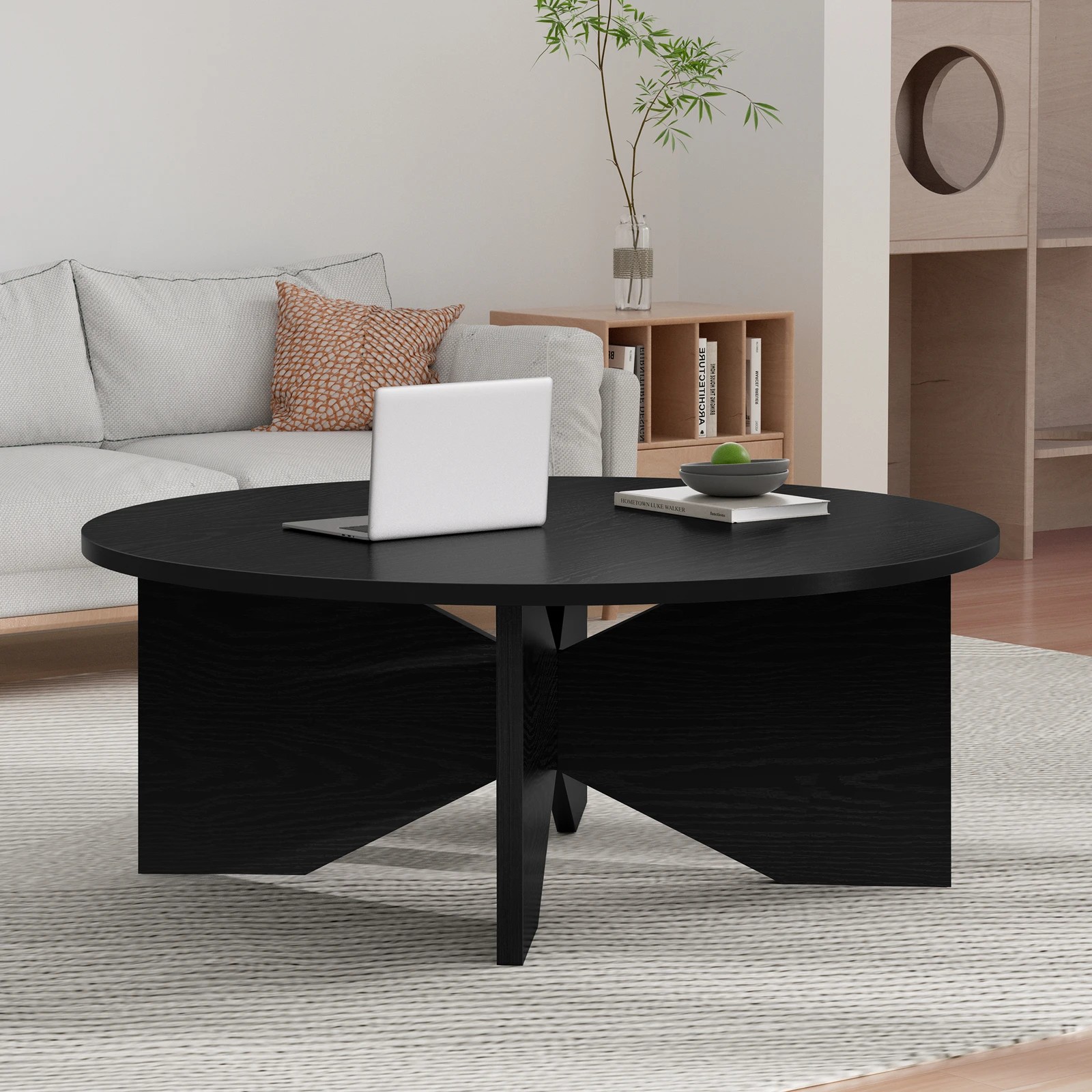 10 Alfordson Coffee Table Modern Round Table X-shape Wooden Legs Living Room - Oak, 10 of 10