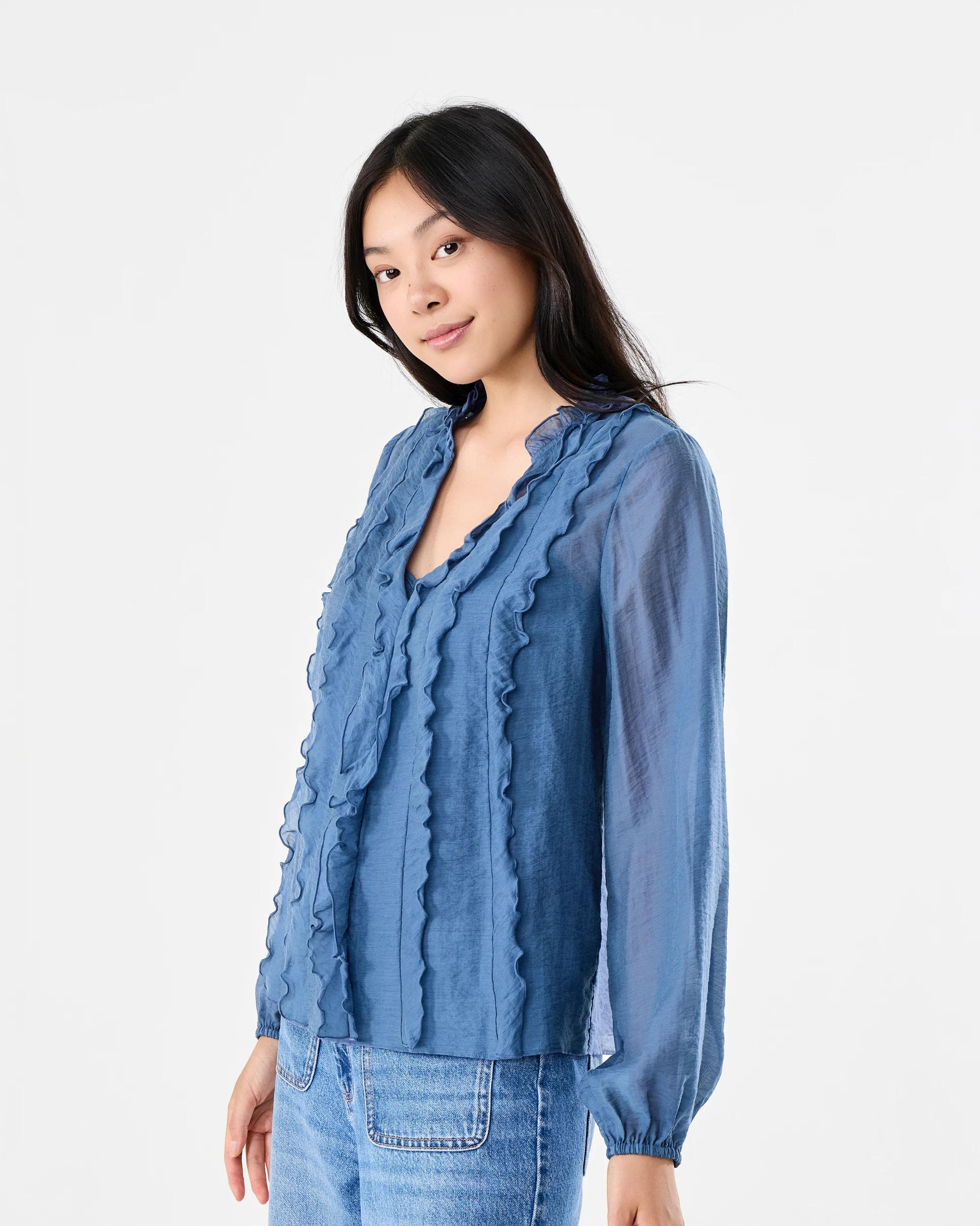 2 Long Sleeve Ruffle Blouse Blu Ink, 2 of 6