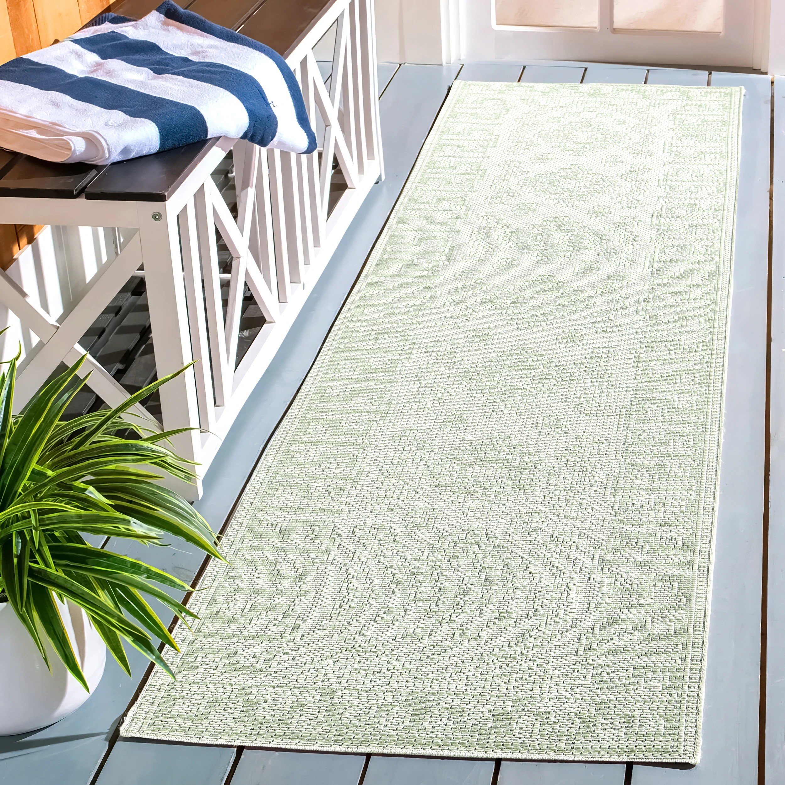 1 Common Ground Rugs Palmline Kuza 400x80cm - Large Outdoor Rug - Green, 1 of 7