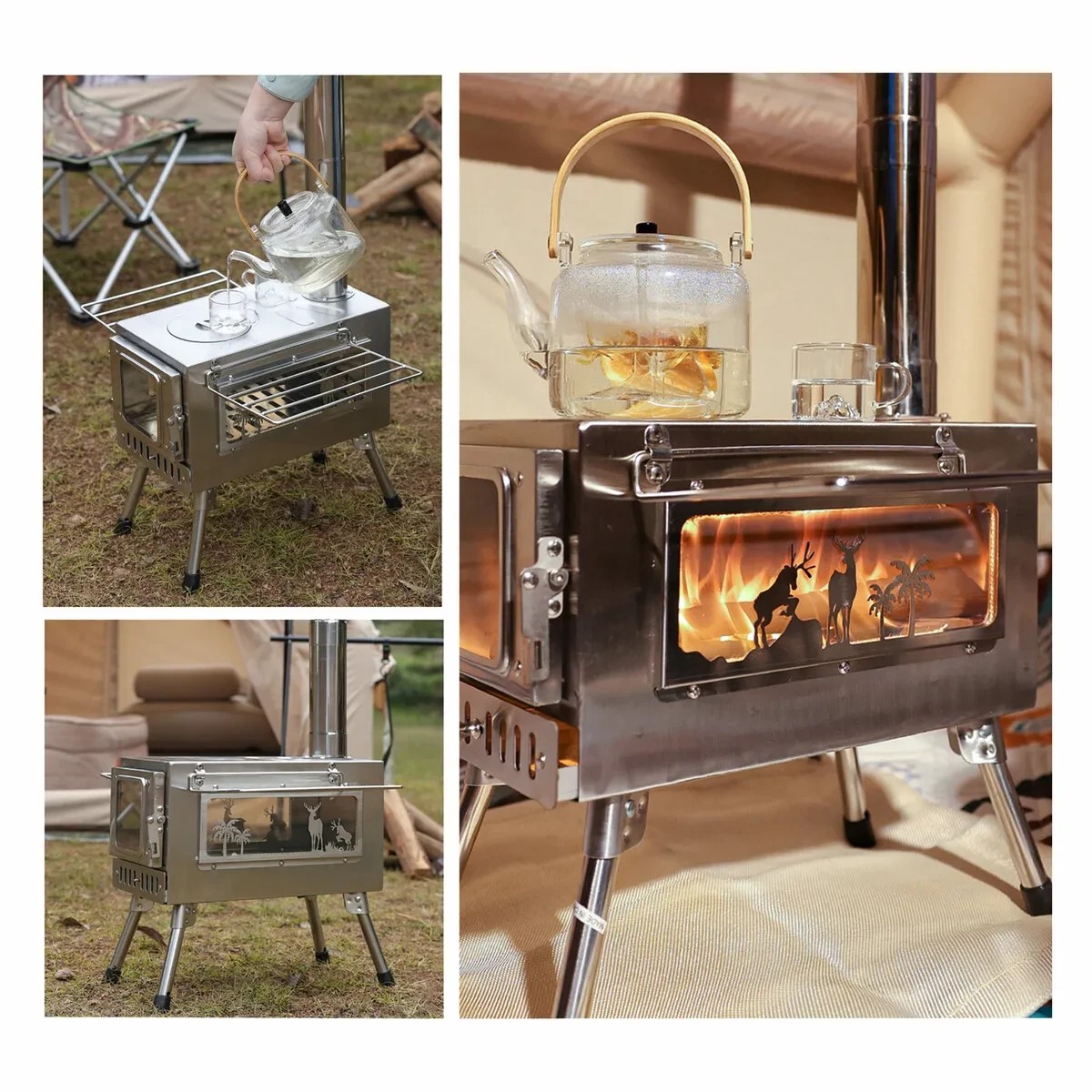 3 Ausway Portable Stainless Steel Camping Tent Stove Multifunctional Wood Burner, 3 of 8