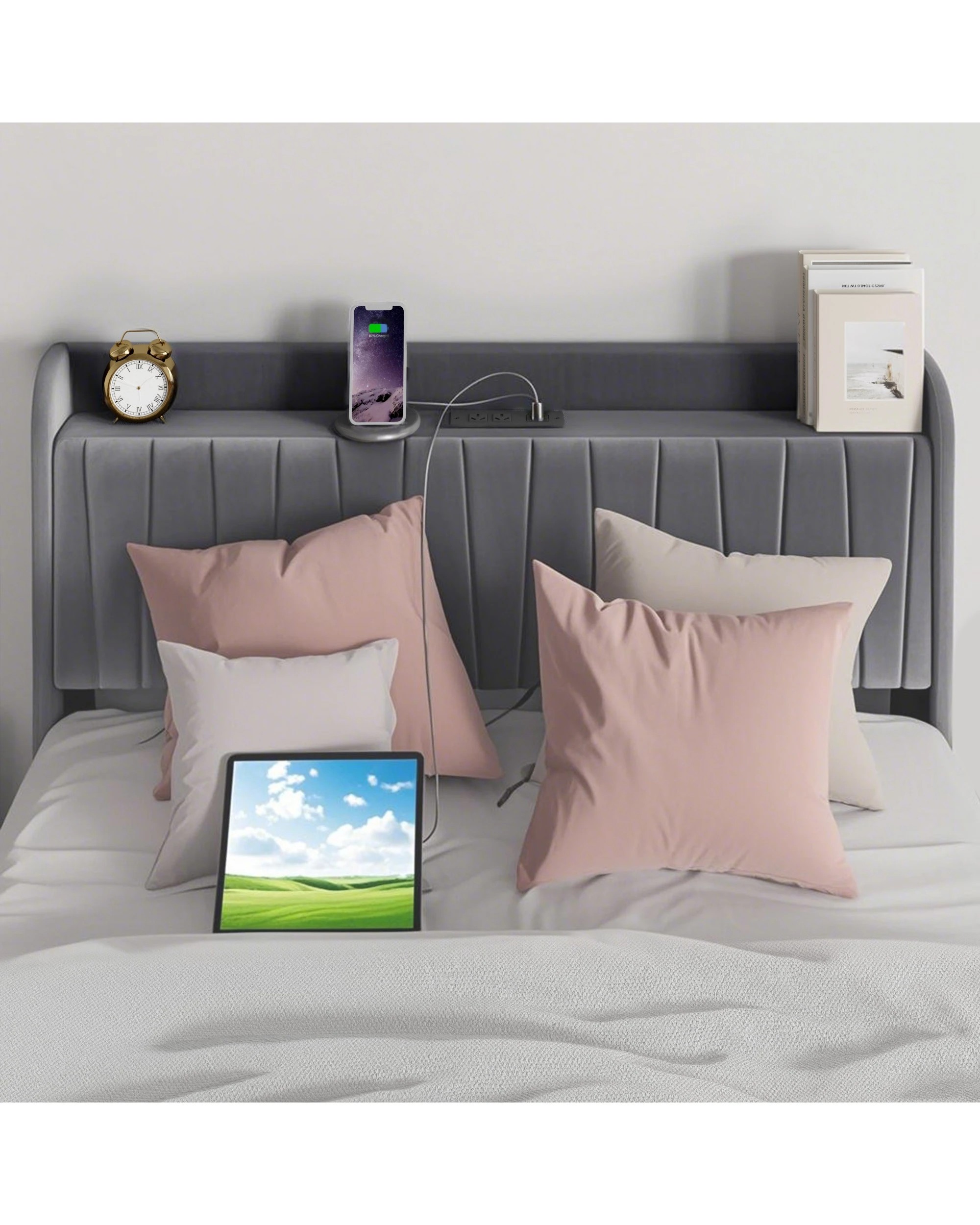 4 Advwin Bed Frame Double Size with 4 Storage Drawers & Charging Station - Grey, 4 of 7