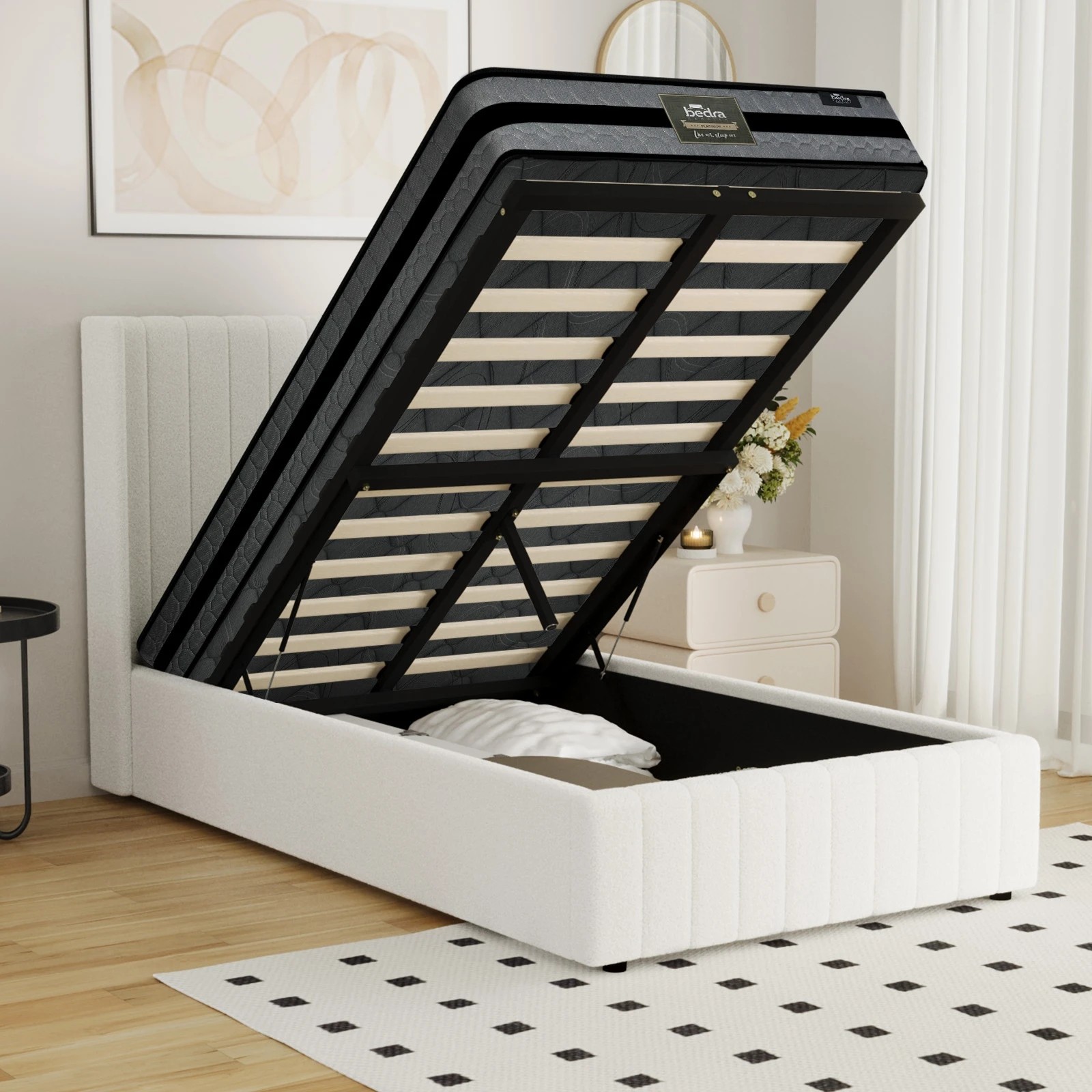 5 Oikiture Bed Frame King Single Gas Lift Storage Boucle Beds W/ Mattress Set BILY - White, 5 of 8