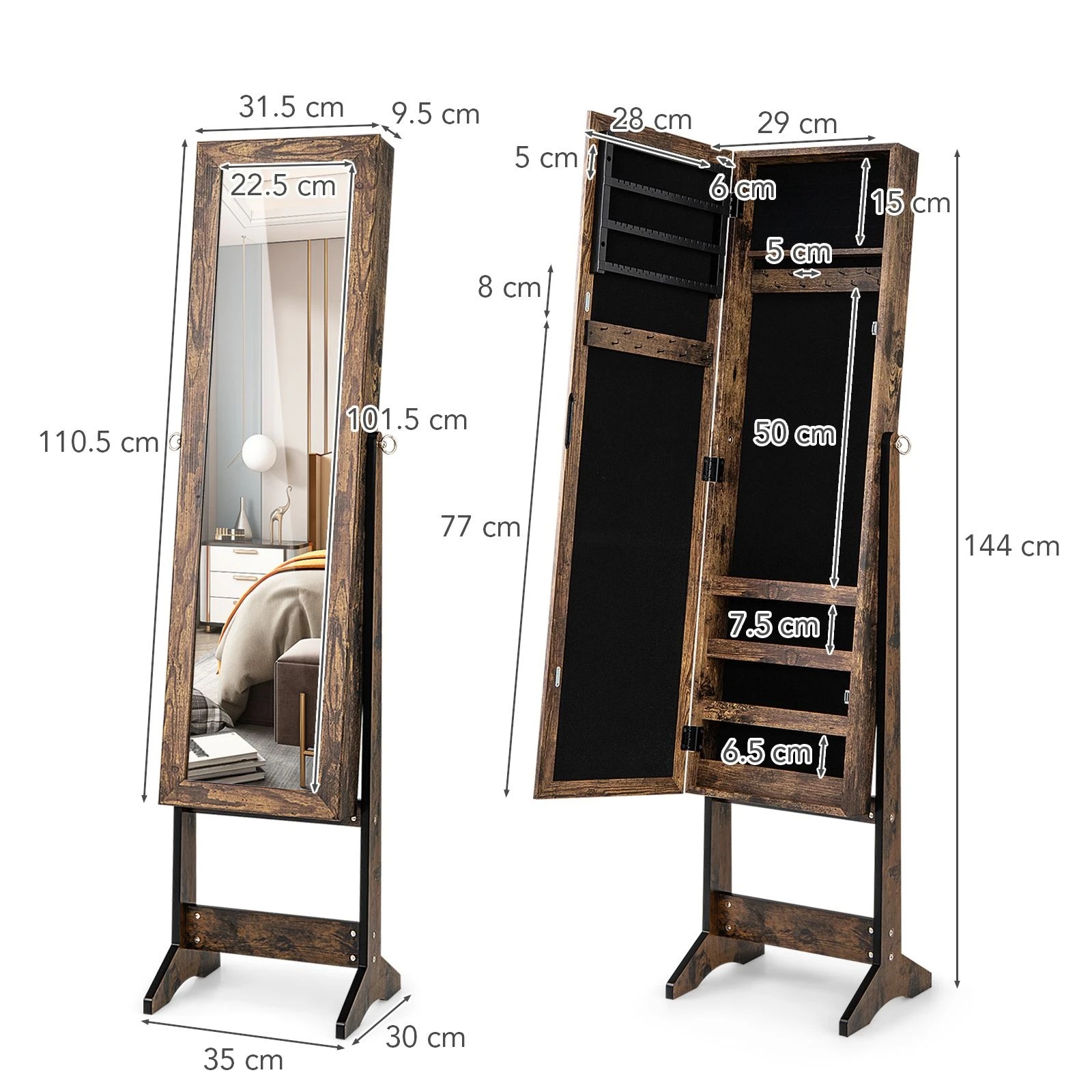 4 Costway Mirrored Jewellery Cabinet Armoire Jewelry Organizer w/3 Adjustable Tilt Angles - Brown, 4 of 5
