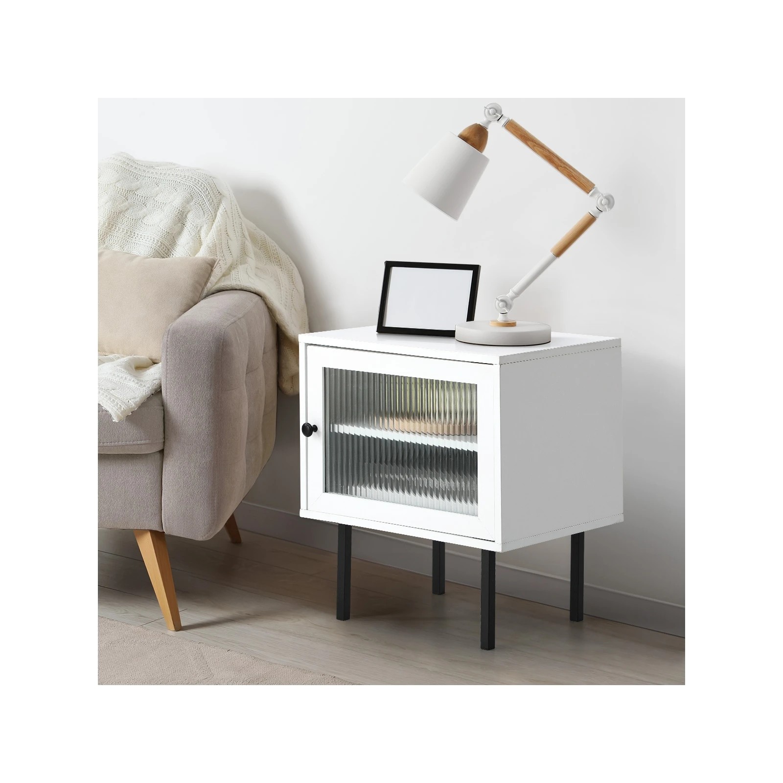 3 Oikiture 2X Bedside Tables Cabinet Storage Nightstand Glass Door Bedroom - White, 3 of 9