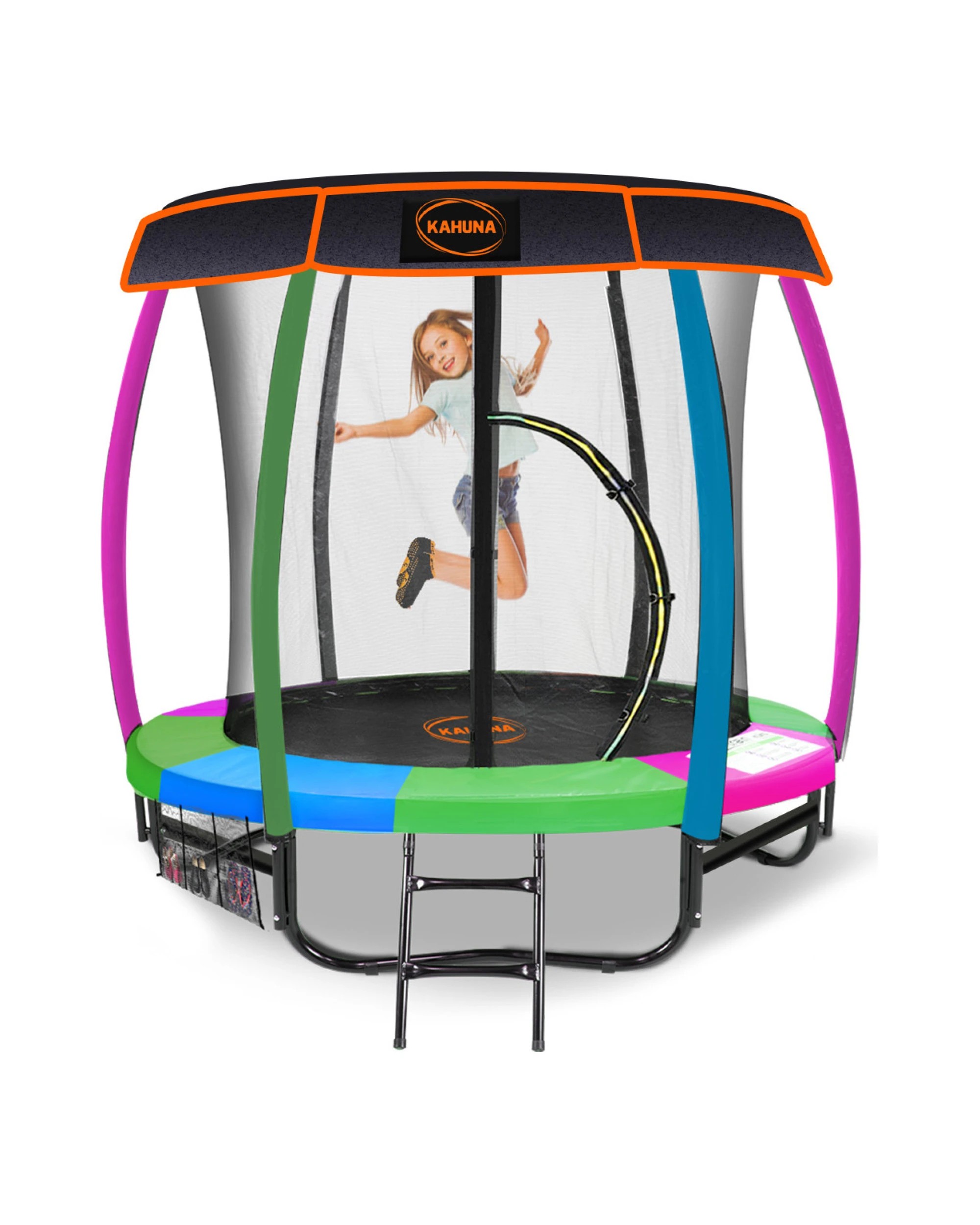 1 Kahuna Trampoline 6 ft with Basketball Set and Roof - Rainbow - Pattern, 1 of 8