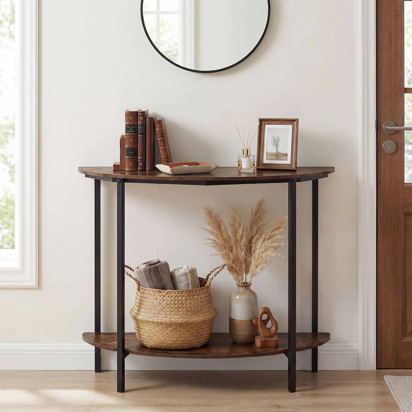 4 Costway Half-moon Console Table 2-Tier Storage Shelf Entryway Hallway - Brown, 4 of 6