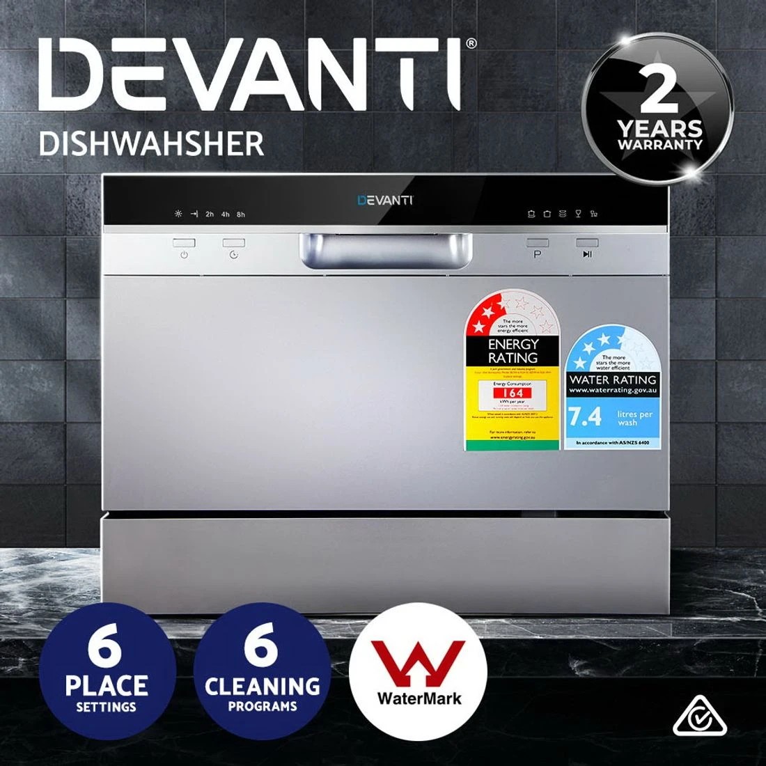 7 Devanti 6 Place Settings Benchtop Dishwasher Countertop Compact Quiet Energy Efficient Quick Wash Easy Install - Silver, 7 of 7