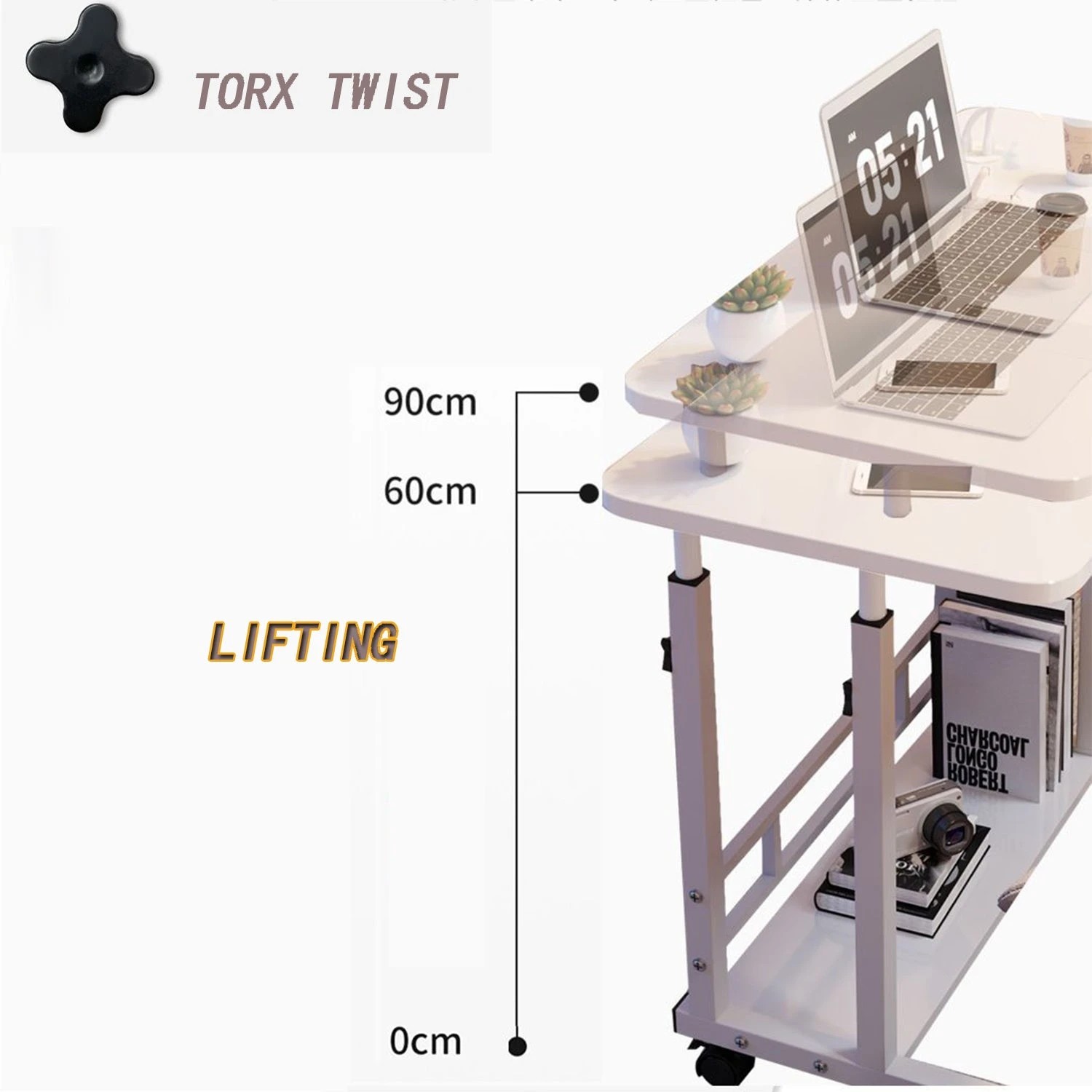 6 Foret Mobile Laptop Bedside Study Desk Storage Stand Adjustable Portable 2 Shelf White, 6 of 7
