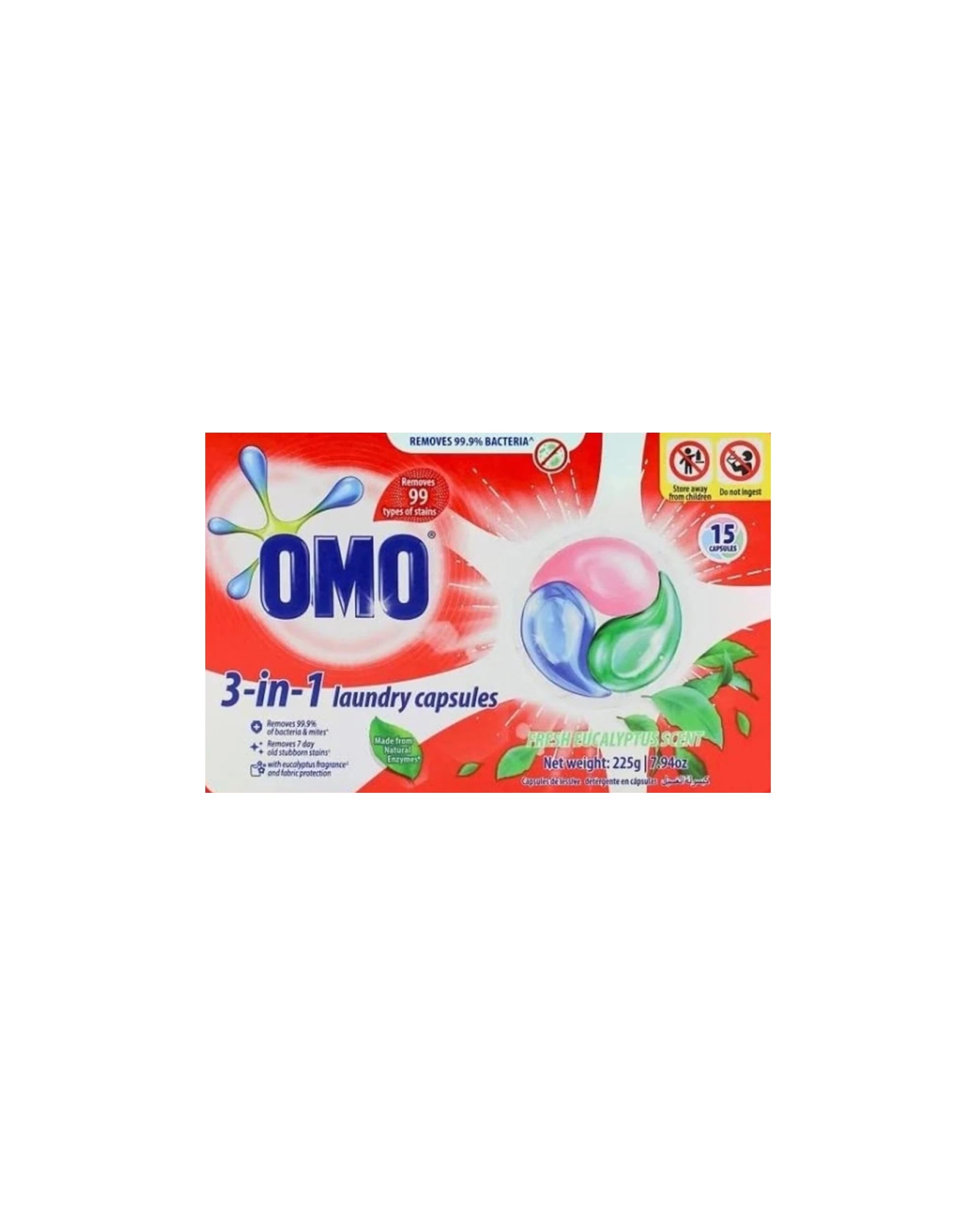 2 Omo 3 In 1 Laundry Capsules Fresh Eucalyptus Bacteria Mite Remover 15 Pack, 2 of 3