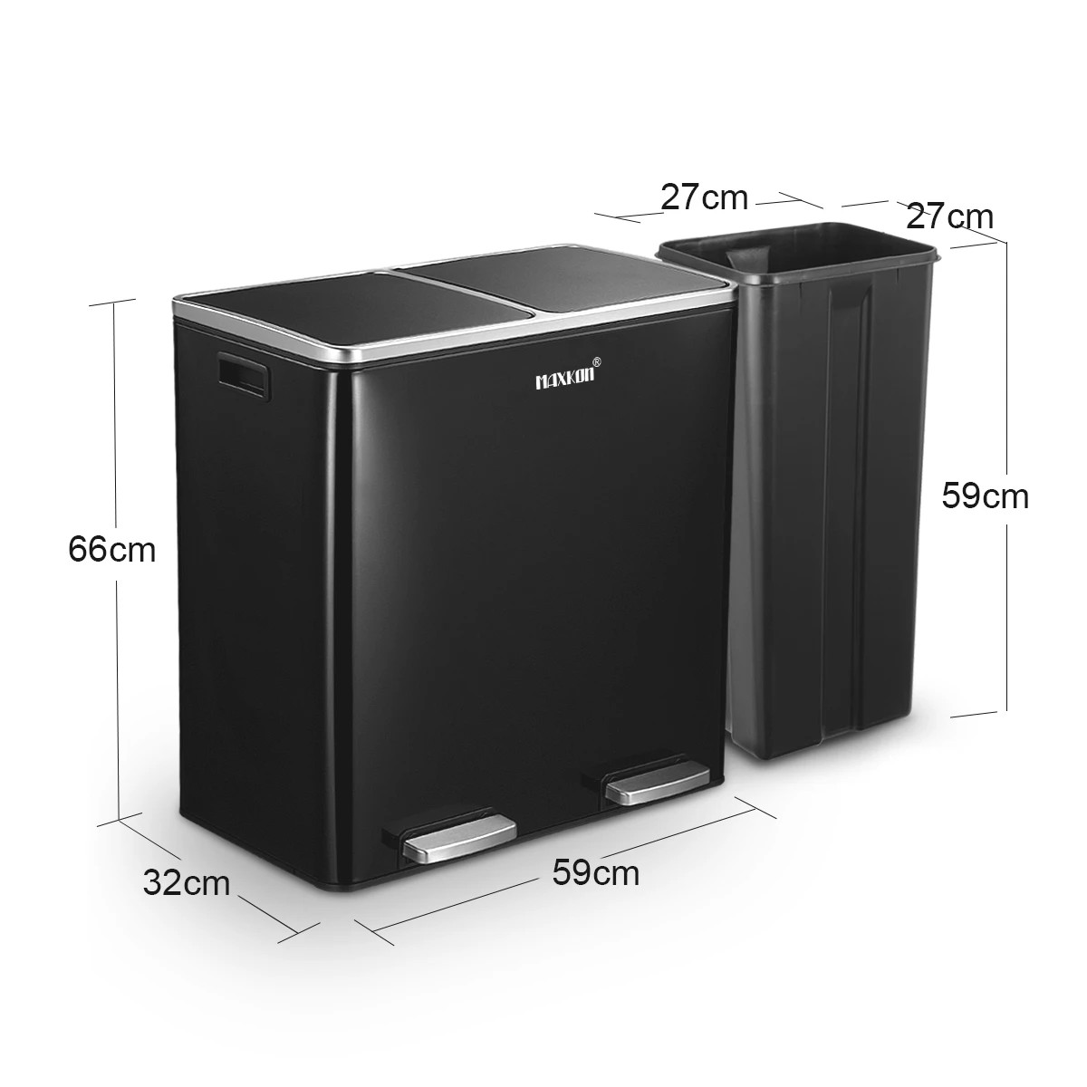 2 Maxkon 60L Pedal Recycling Bin Dustbin Kitchen Rubbish Bins Waste Garbage Trash Can with Dual Compartments Black, 2 of 7