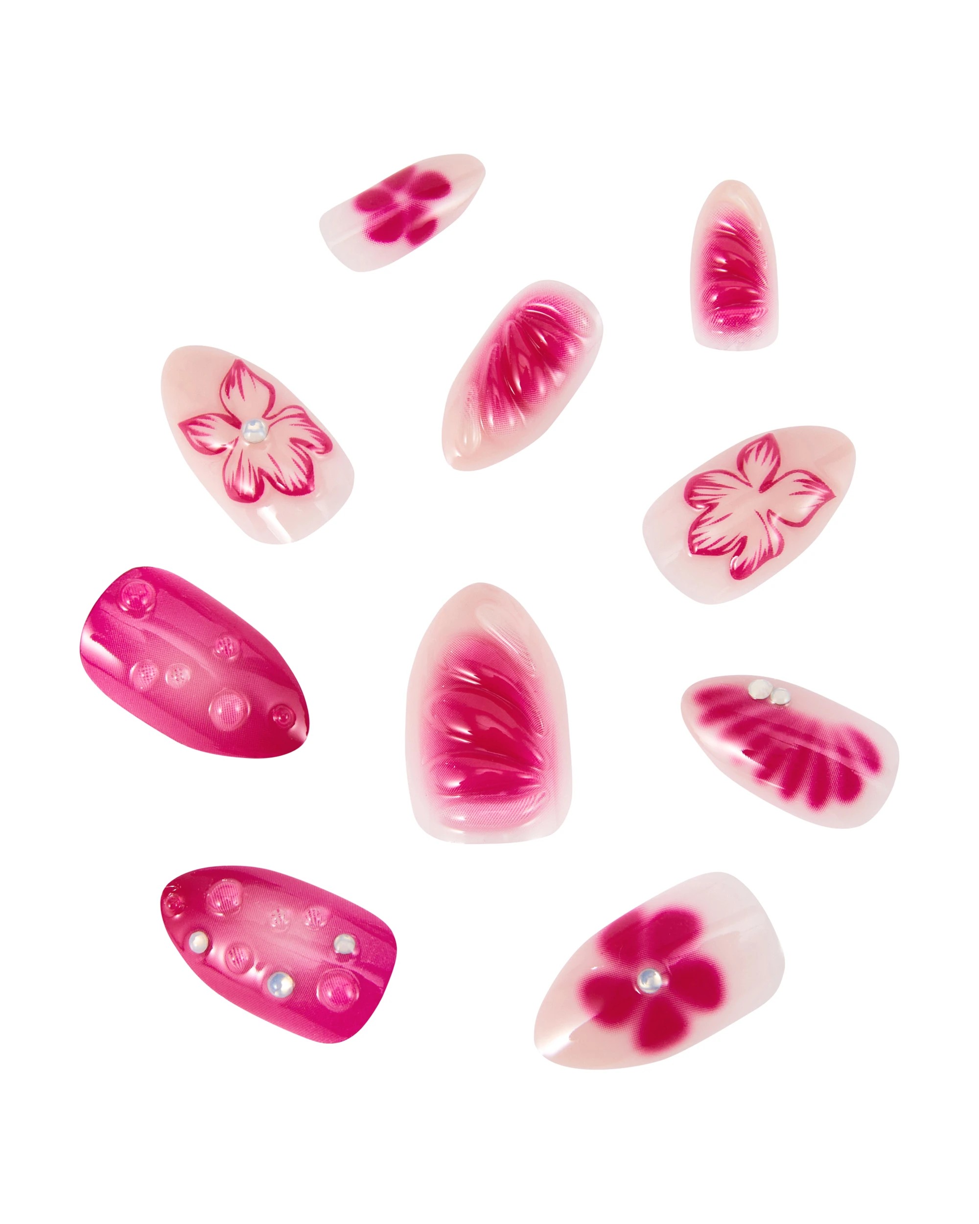 2 OXX Cosmetics 24 Pack Artificial Nails with Adhesive - Almond Shape, Fuchsia Pink Flowers And 3D Bubbles, 2 of 4