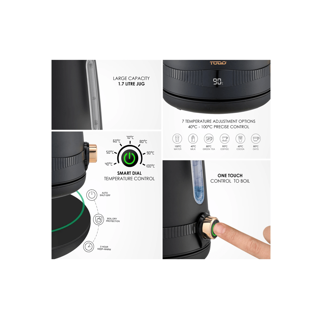 6 TODO 1.7L Stainless Steel Cordless Kettle Keep Warm Electric Led Water Jug - Black, 6 of 6