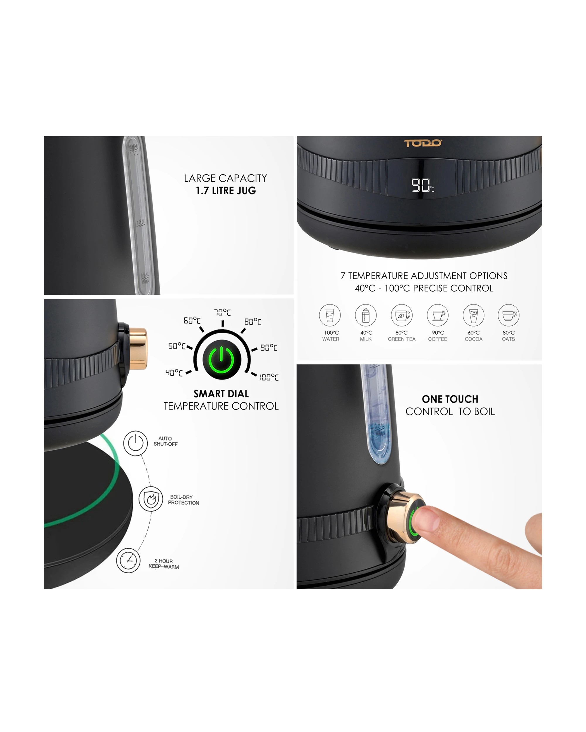 6 TODO 1.7L Stainless Steel Cordless Kettle Keep Warm Electric Led Water Jug - Black, 6 of 6