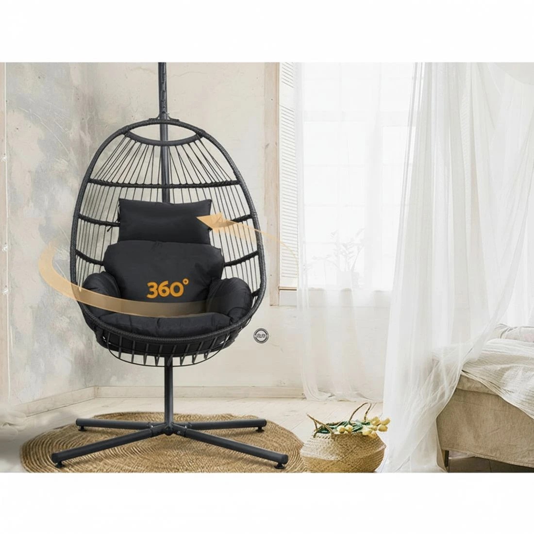 4 Gardeon Outdoor Egg Swing Chair Wicker Rope Furniture Pod Stand Foldable - Grey, 4 of 4