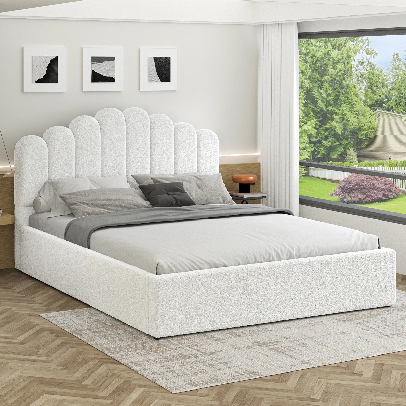 2 Alfordson Bed Frame Queen Size Gas Lift Storage Base Wooden Boucle Milton - White, 2 of 10