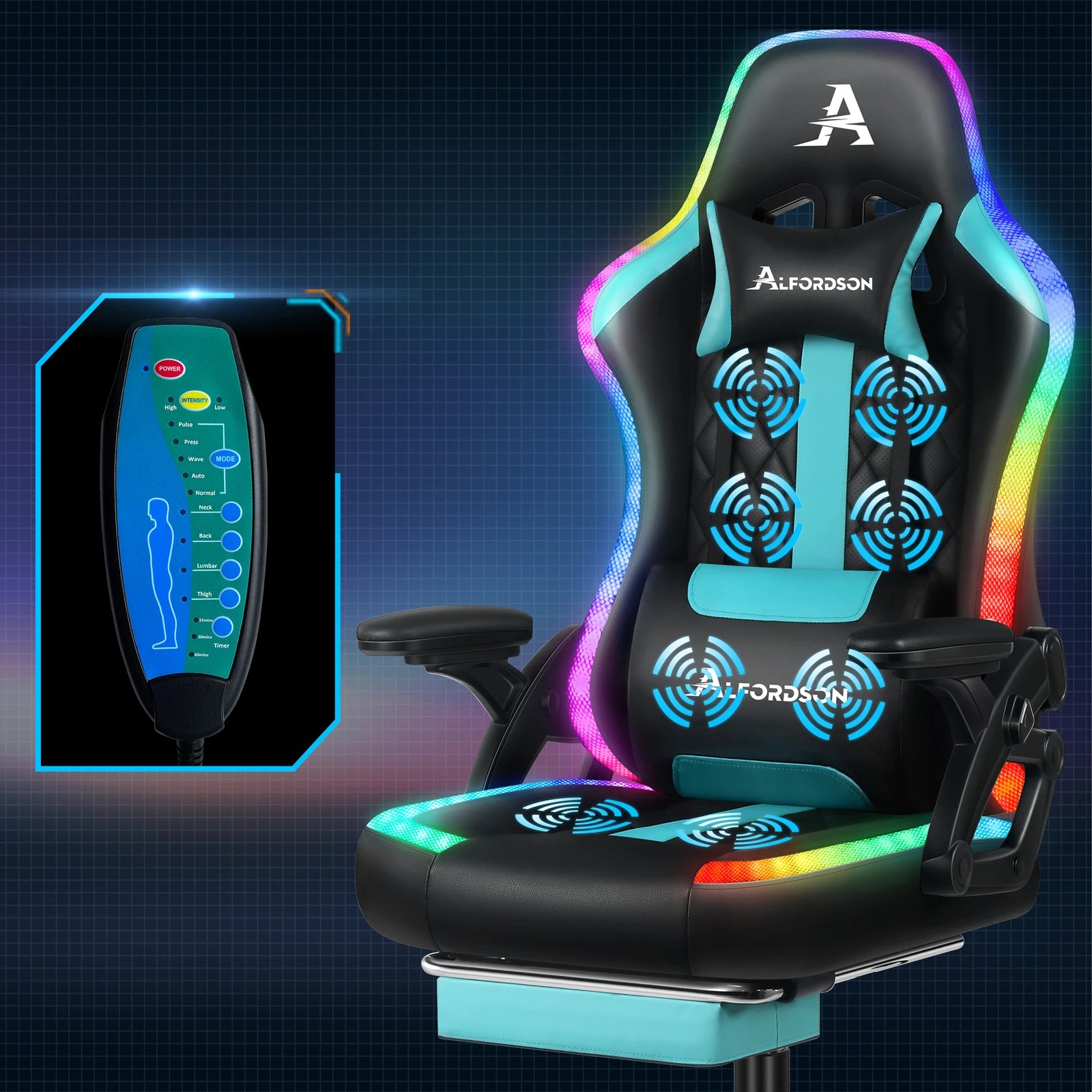 3 Alfordson Gaming Chair Office Massage 12 RGB LED Computer Leather - Cyan, 3 of 10