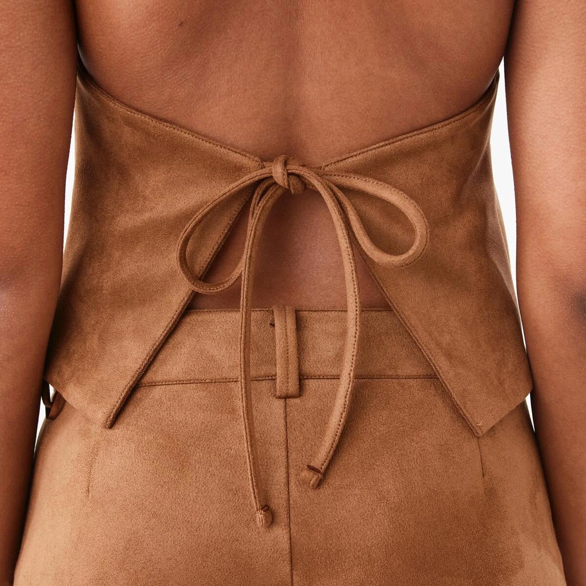 10 Sleeveless Halter Suede Top DEEP CAMEL, 10 of 10