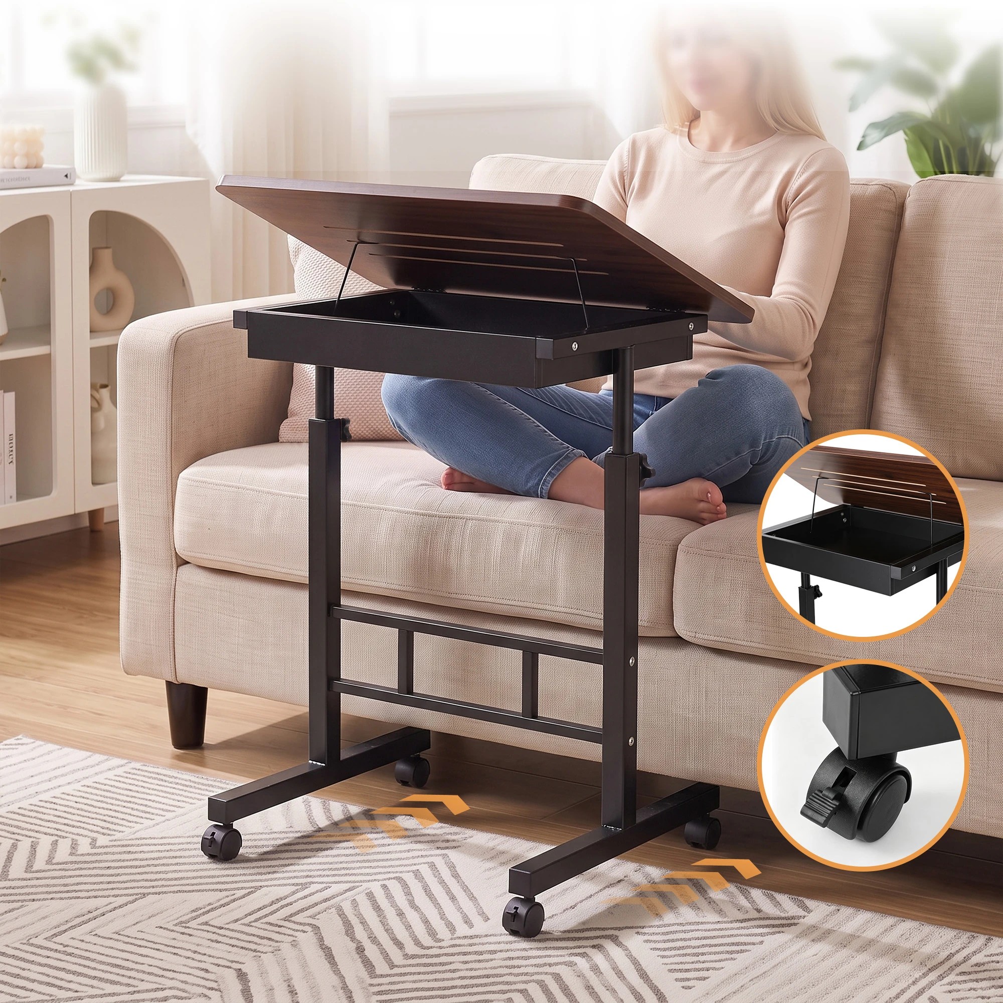 6 Artiss Adjustable Laptop Desk Mobile Bedside Table Hidden Storage - Natural, 6 of 10