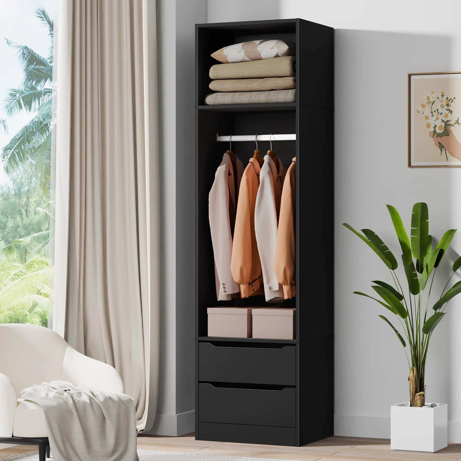 2 Alfordson Wardrobe 2 Drawers Clothes Storage Cabinet Hanging Rod - Black, 2 of 10