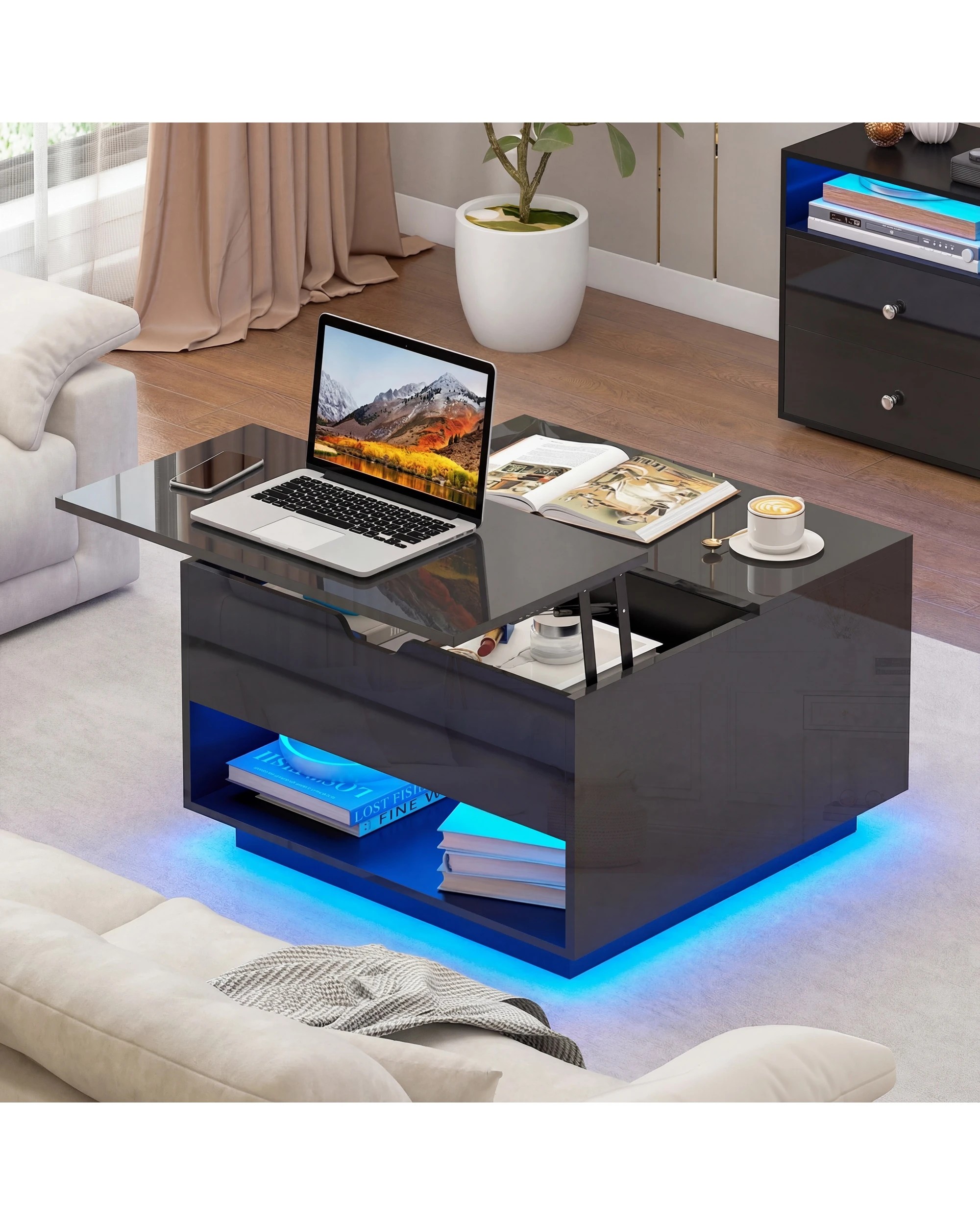 3 Advwin  LED Lift Top Coffee Table  w/ Hidden Storage & Open shelves - Black, 3 of 10