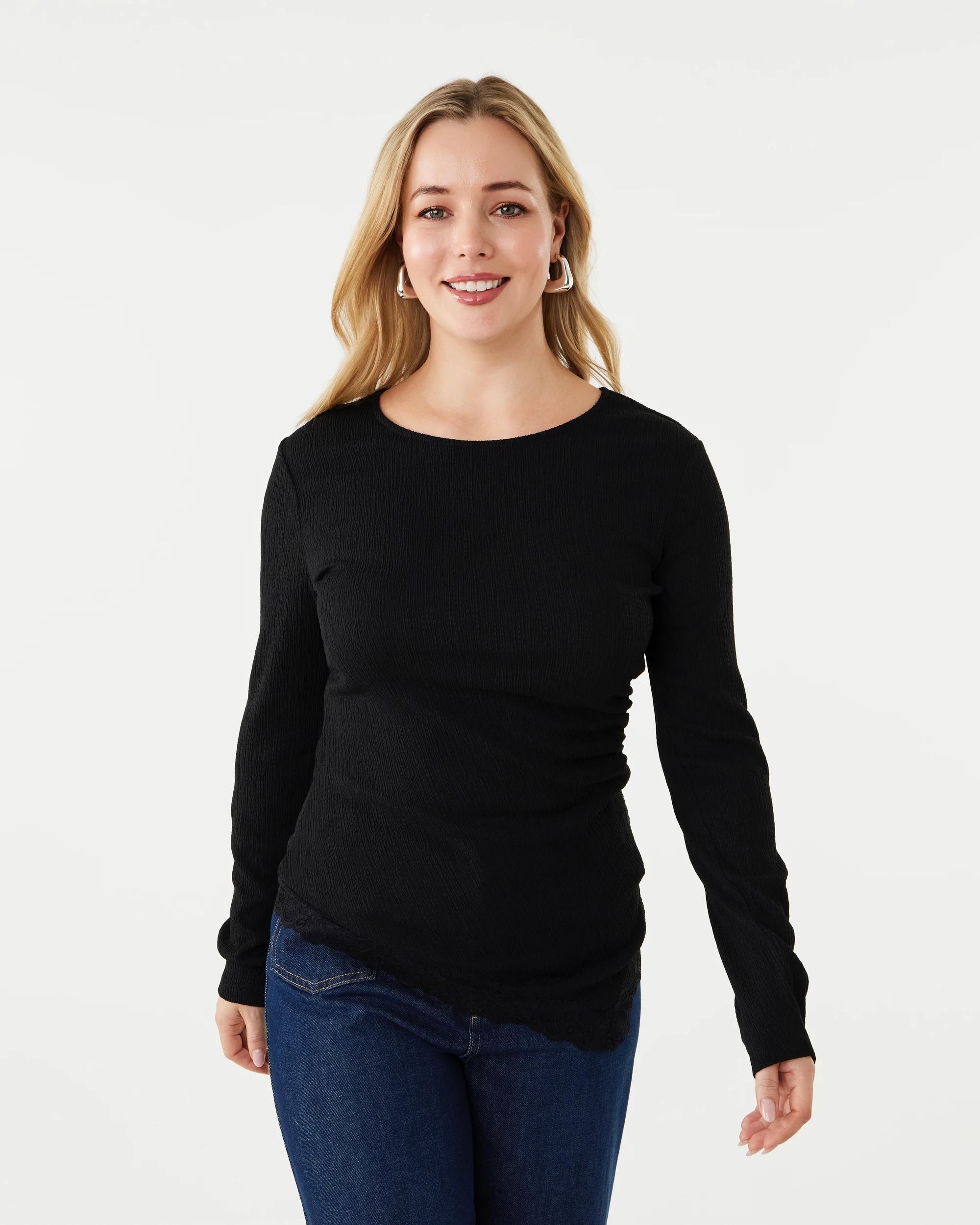 1 Long Sleeve Asymmetrical Lace Trim Top Black, 1 of 8