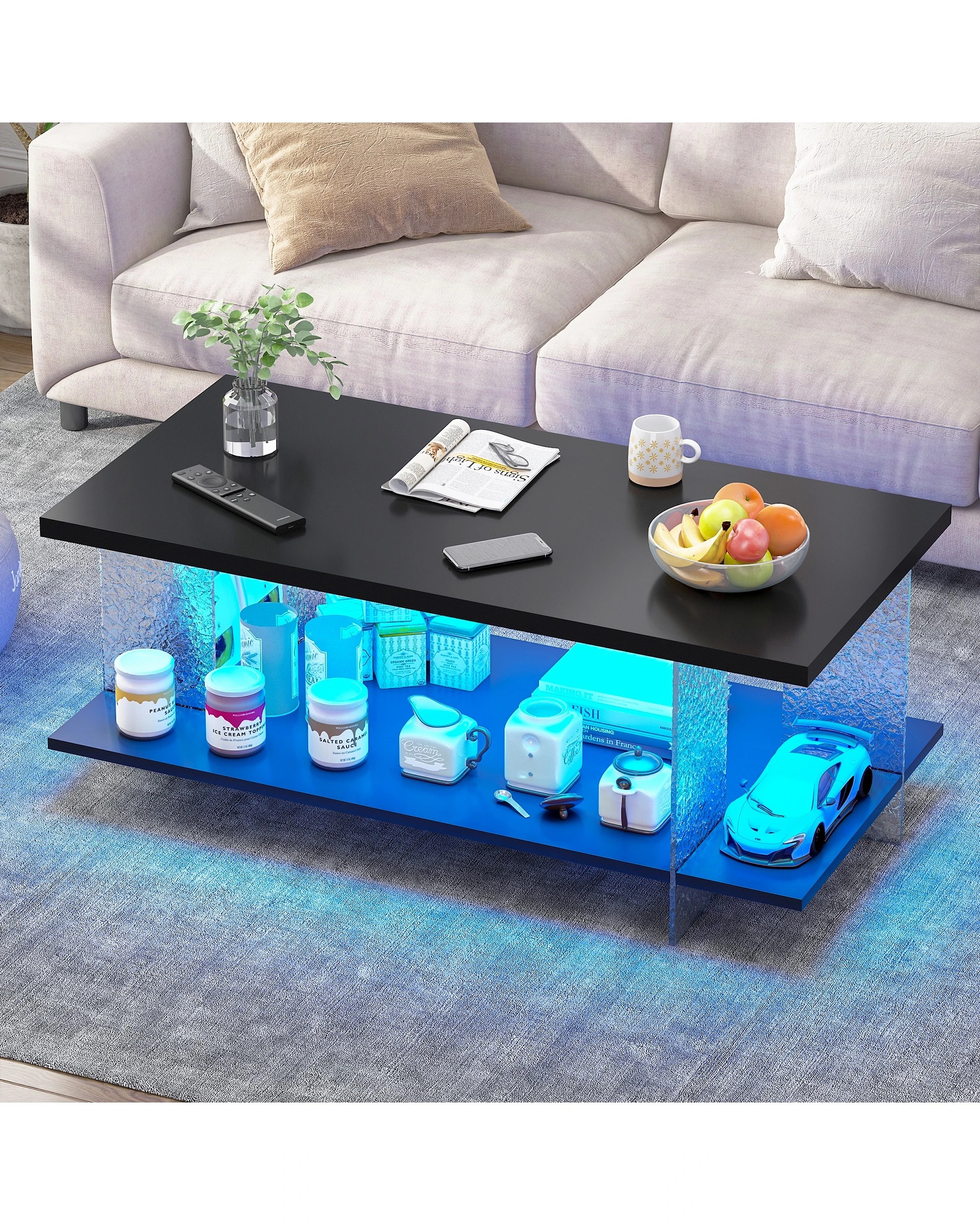 3 Advwin 95cm LED Coffee Table w/ Acrylic Frame & Open Display Shelf - Black, 3 of 8
