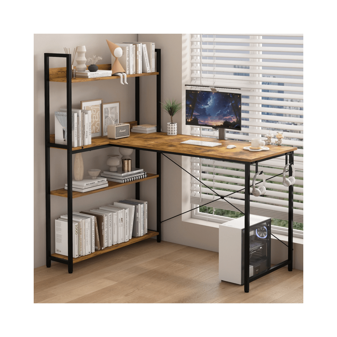 8 Advwin 120cm L Shaped Computer Desk With Reversible Storage Shelves Corner Desk  Walnut, 8 of 9