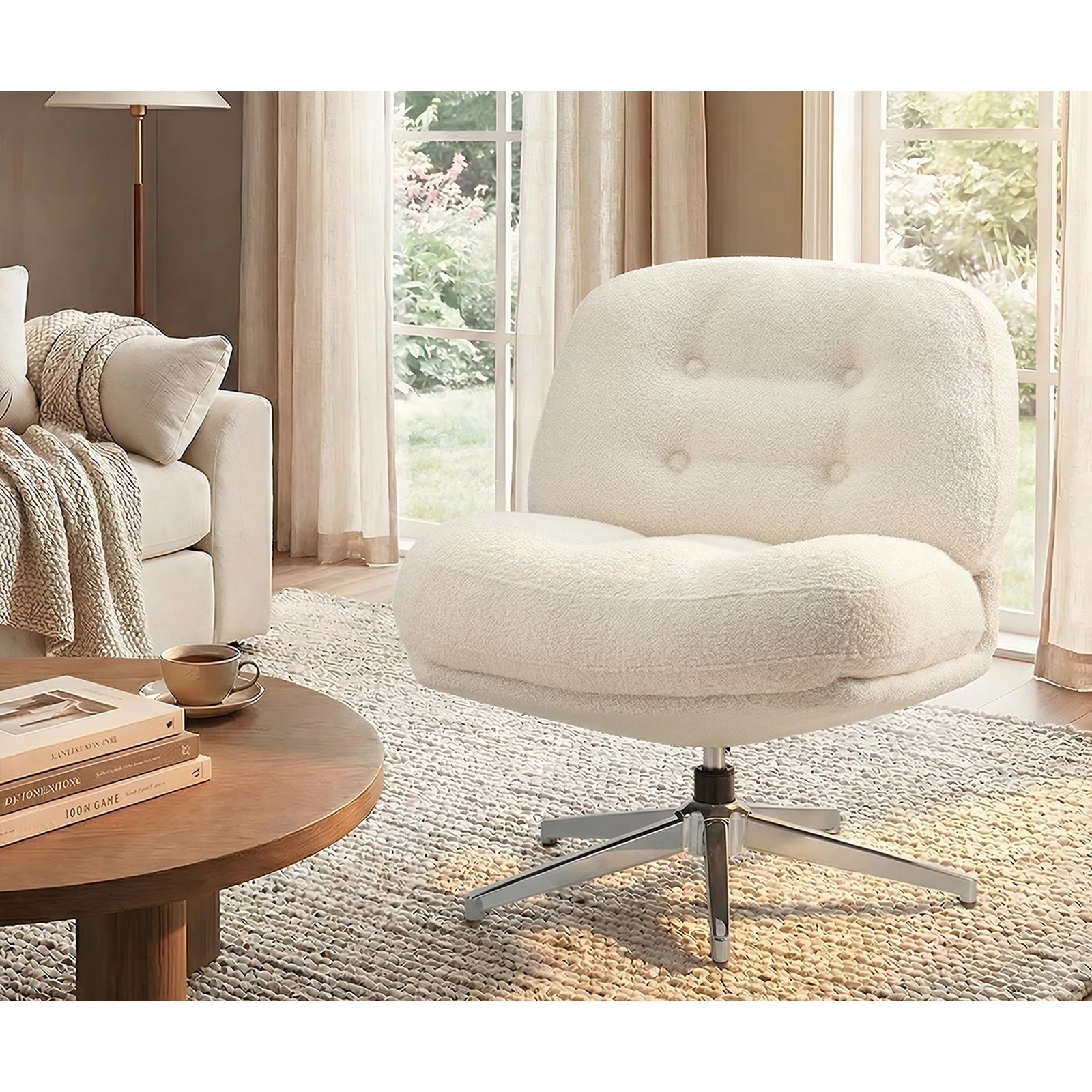 4 Oikiture 2x Armchair Swivel Lounge Chair Padded Accent Chairs Boucle - White, 4 of 10