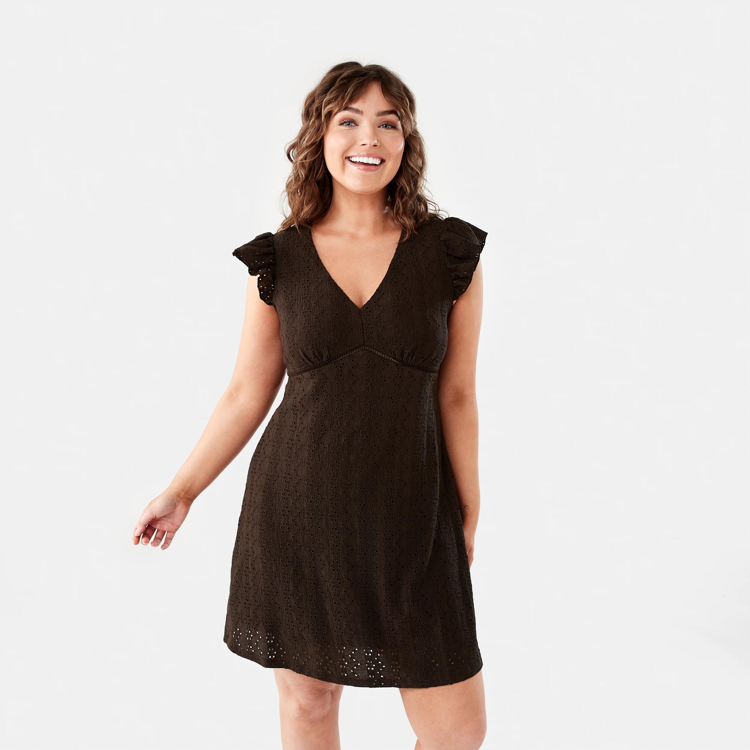 1 Sleeveless Broderie V-Neck Mini Dress Melt Brown, 1 of 9
