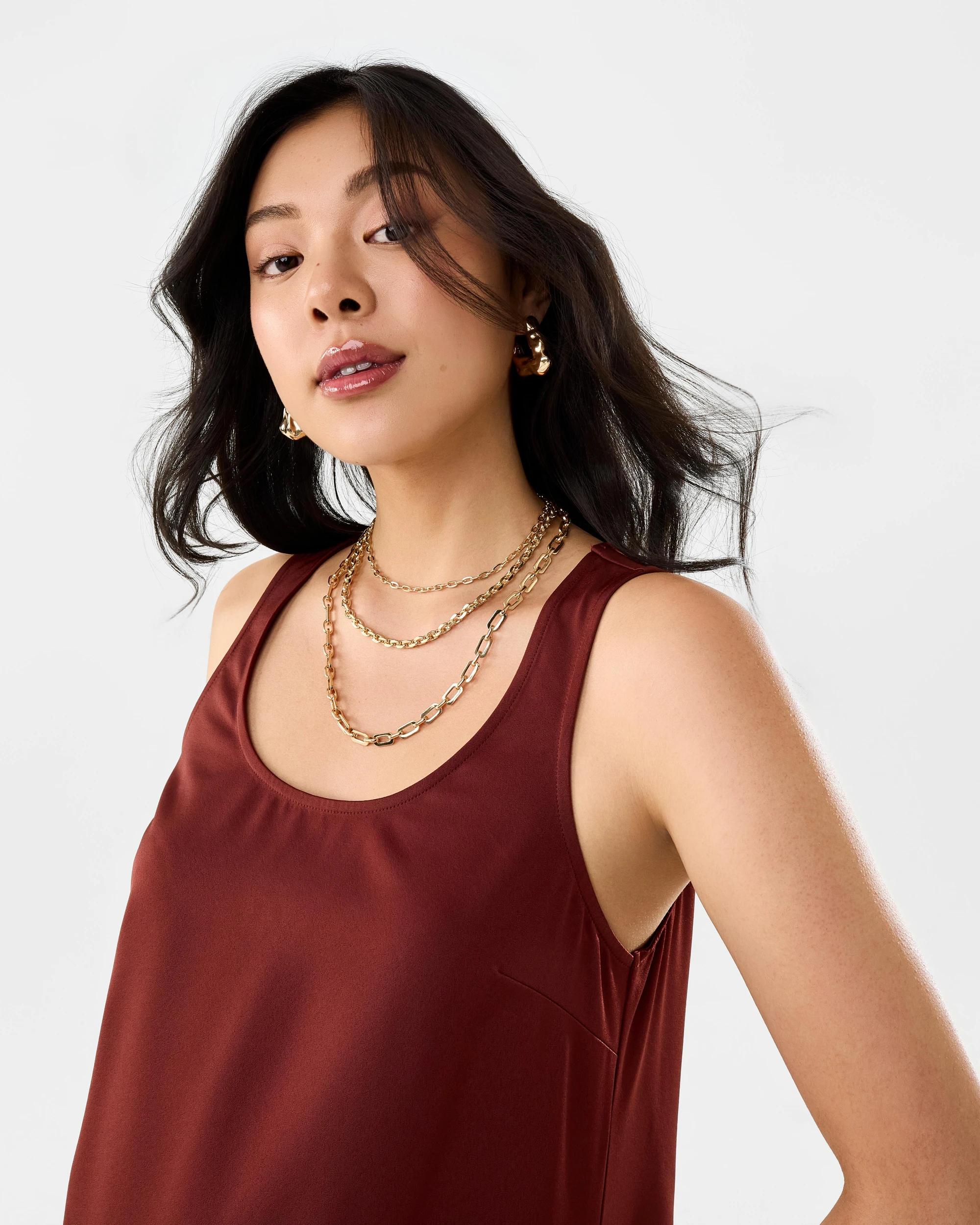 5 Sleeveless Asymmetrical Satin Scoop Tank Burnt Rust, 5 of 8