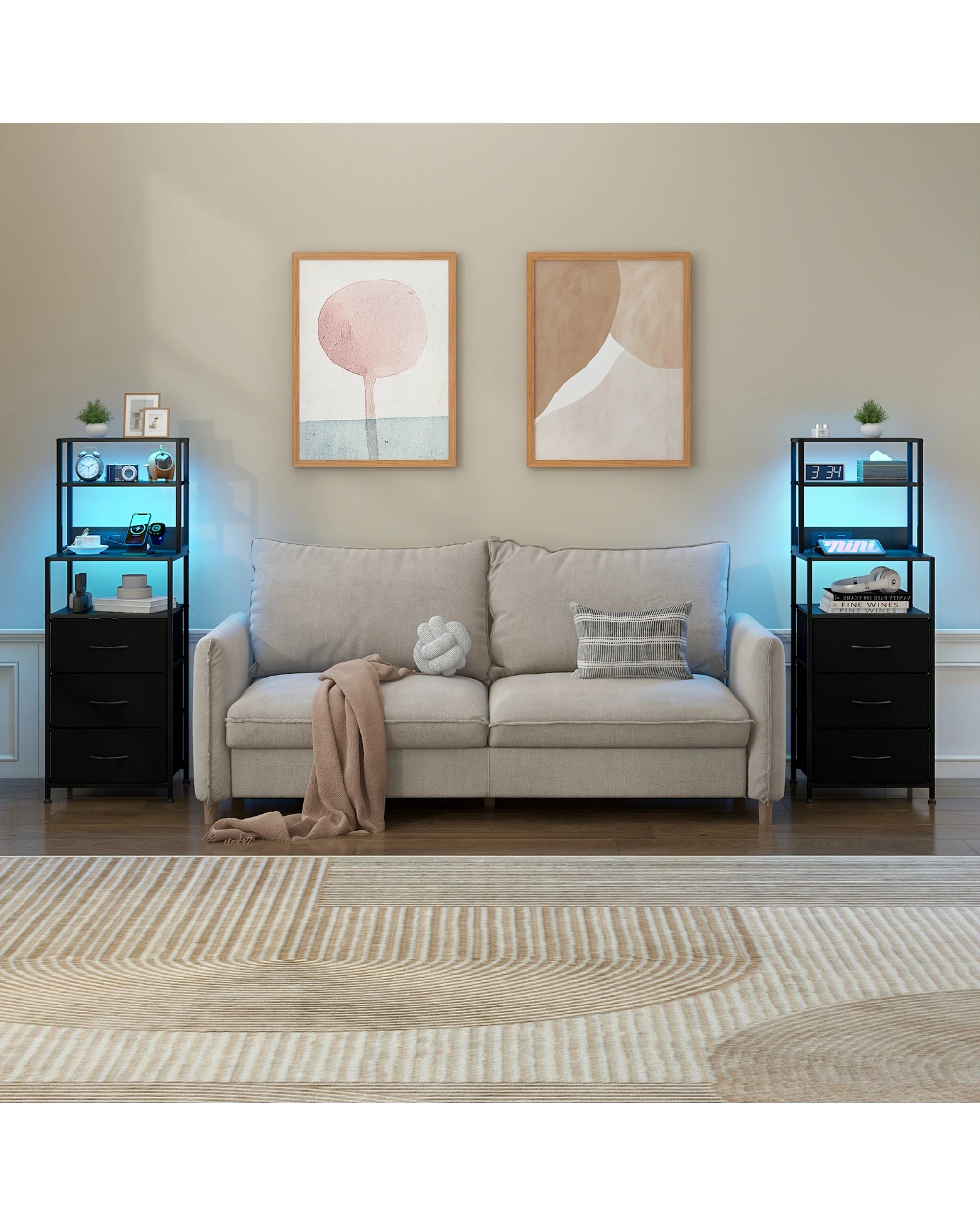 3 Advwin Set of 2 Led Bedside Table with Charging Station 3 Fabric Drawers - Black, 3 of 8