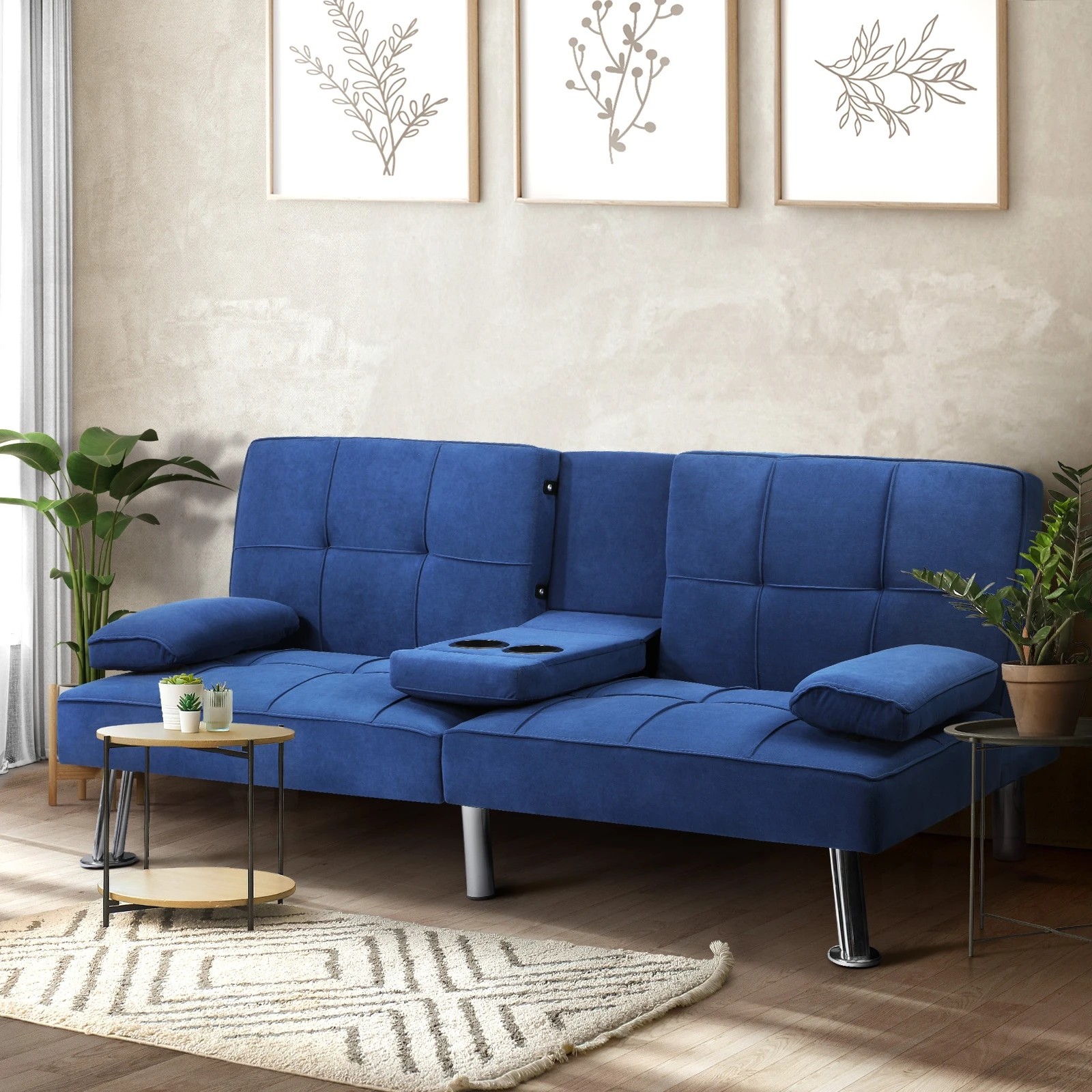 2 Oikiture Sofa Bed Lounge 3 Seater Couch Recliner Sofabeds Cup Holder Velvet
 - Blue, 2 of 10
