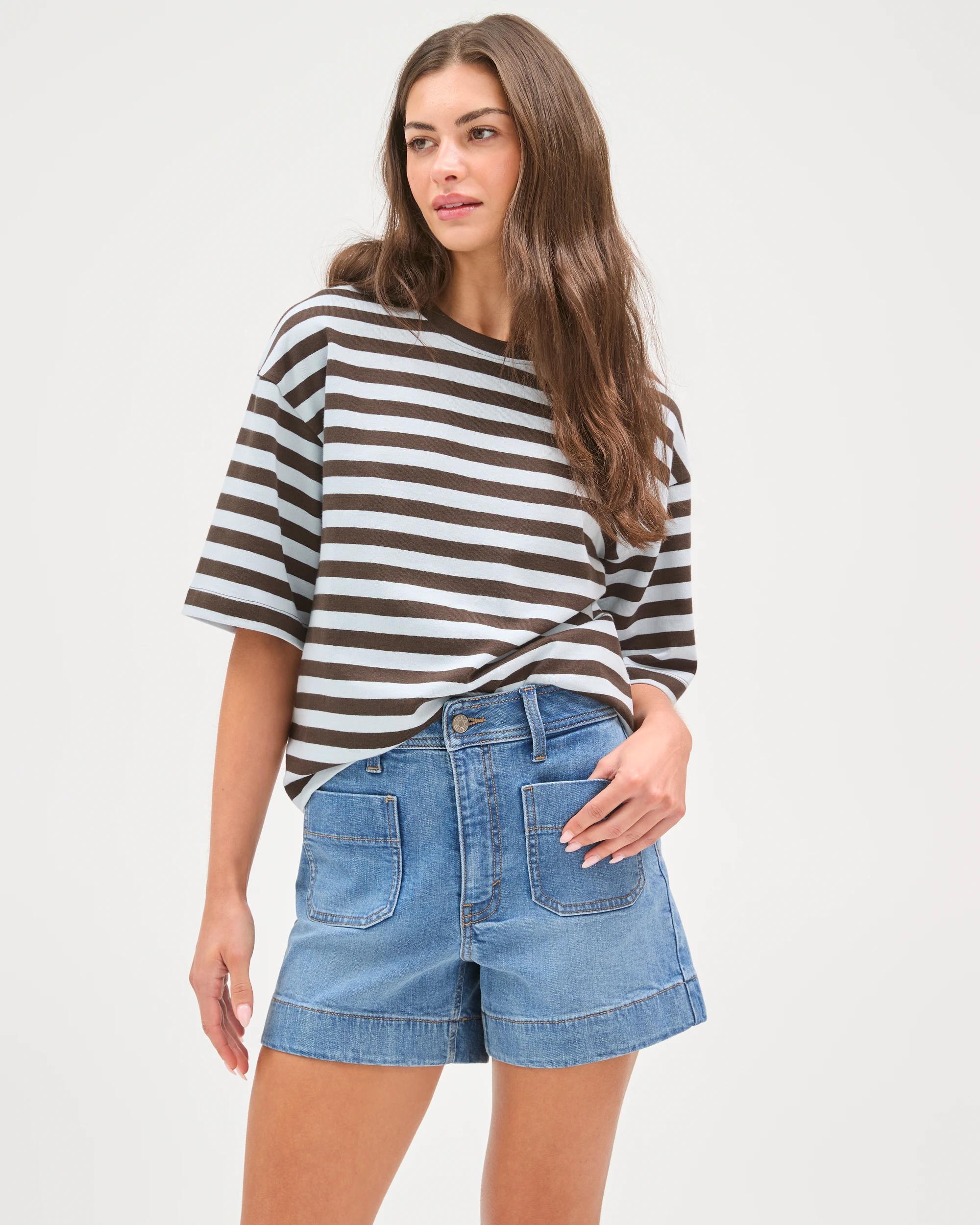 2 Target Petites Australian Cotton 3/4 Wide Sleeve Boxy T-Shirt BLACK COFFEE/BLUE MIST STRIPE, 2 of 7