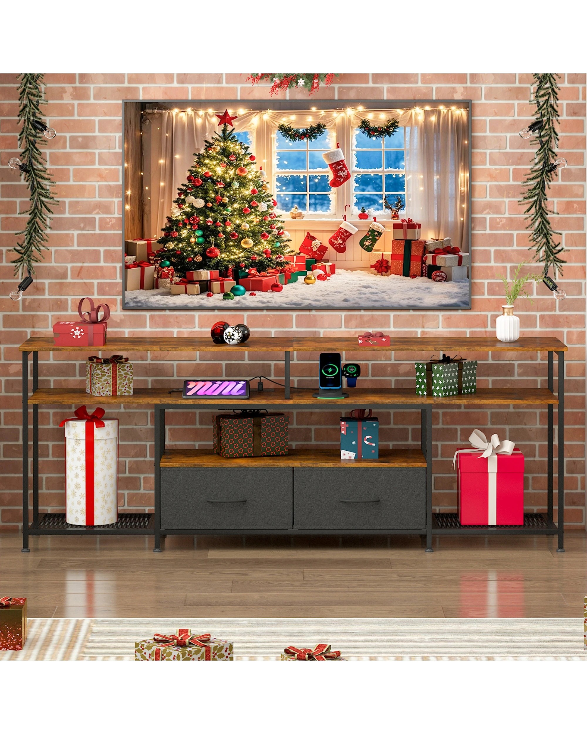 6 Advwin TV Cabinet 160cm LED Entertainment Unit Stand w/ Charging Station Media Console Table w/ Shelf & Drawer, 6 of 8