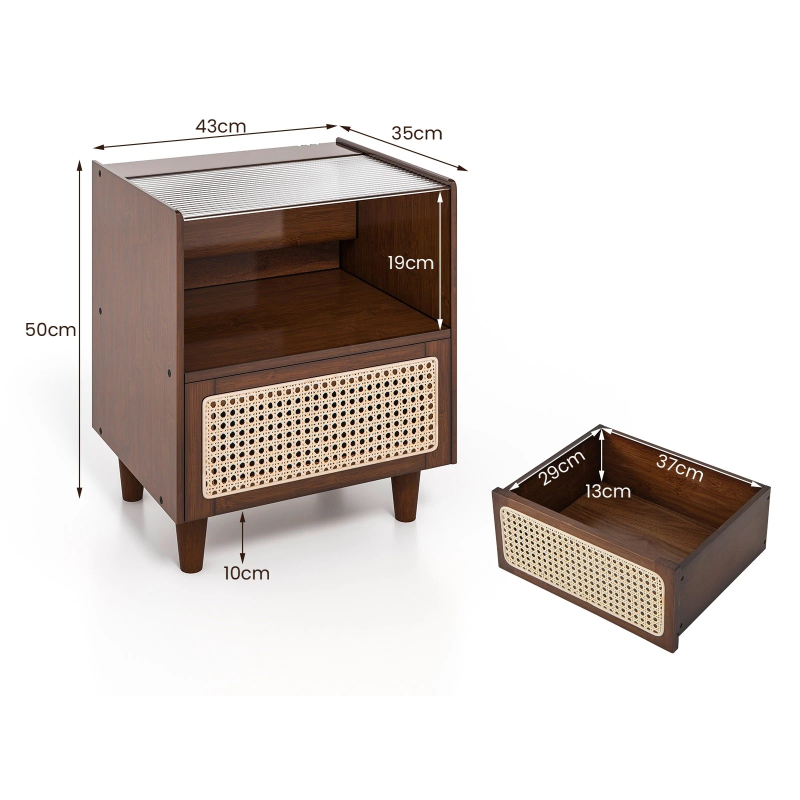 2 Costway Bamboo Rattan Nightstand Boho End Side Table w/Solid Wood Legs - Brown, 2 of 5
