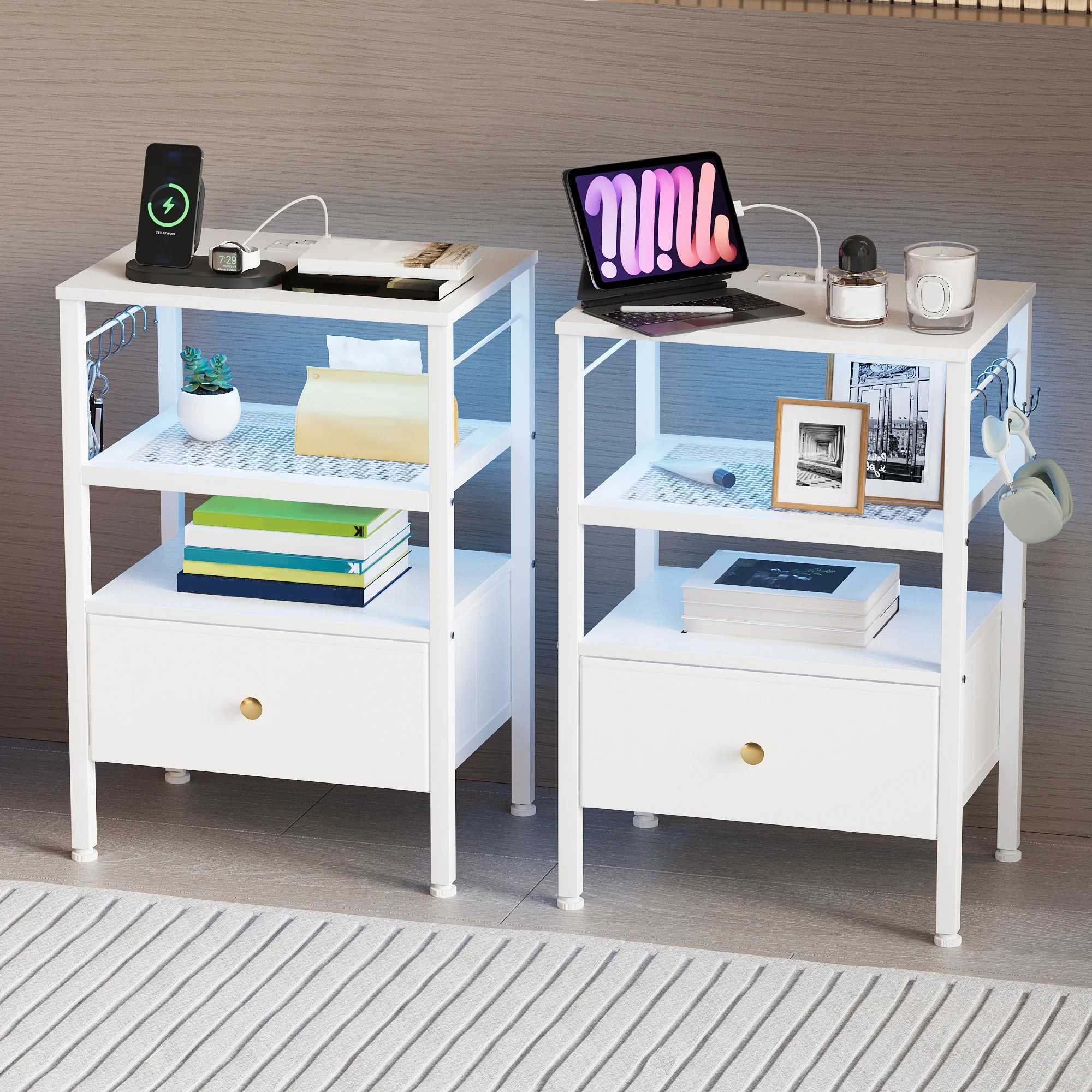 2 Advwin Set of 2 Bedside Table with Charging Station LED Lights Drawer - White, 2 of 7