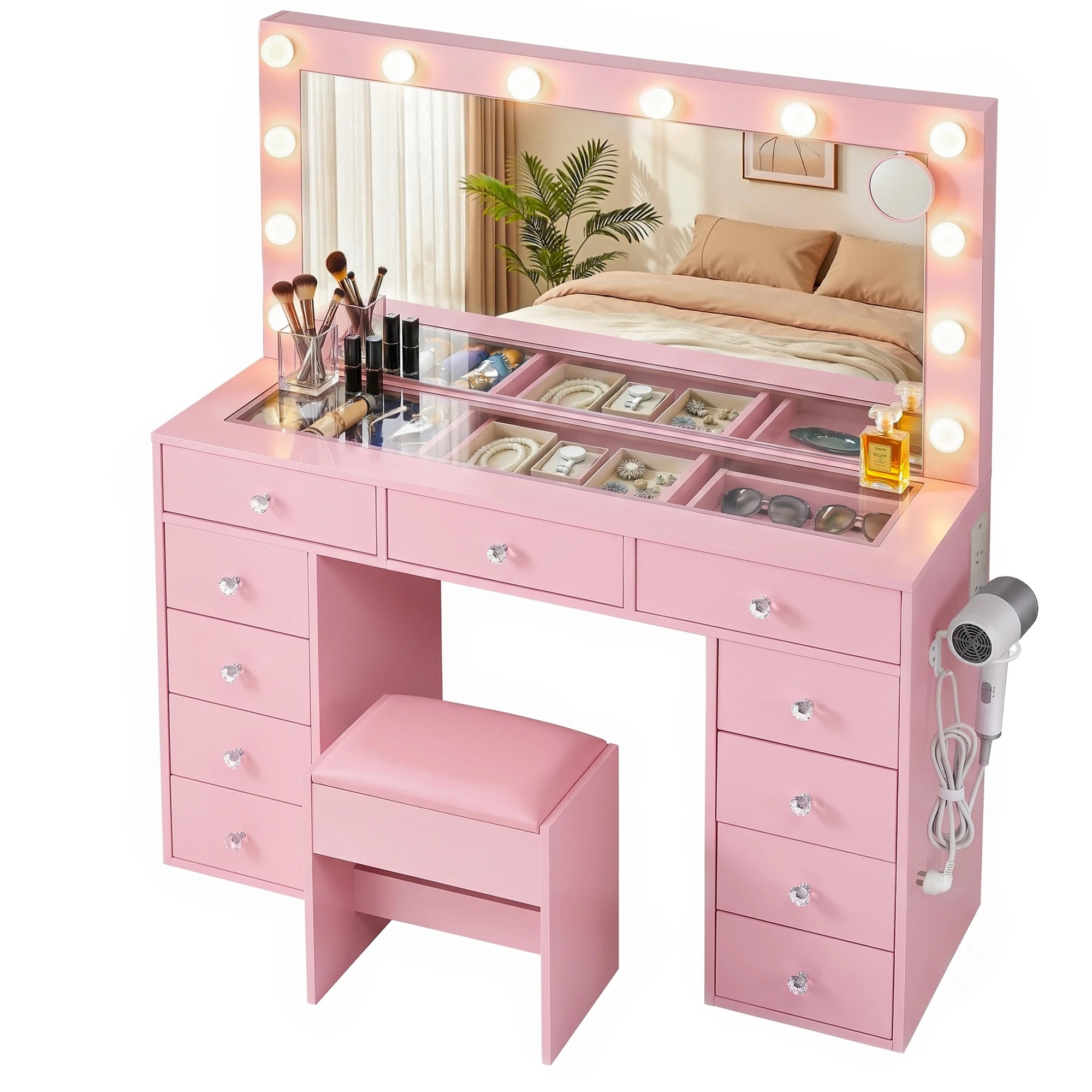 1 Artiss Dressing Table Charging Station LED Vanity Desk Set Stool Glass Top Make up Mirror Storage Drawer - Pink, 1 of 9
