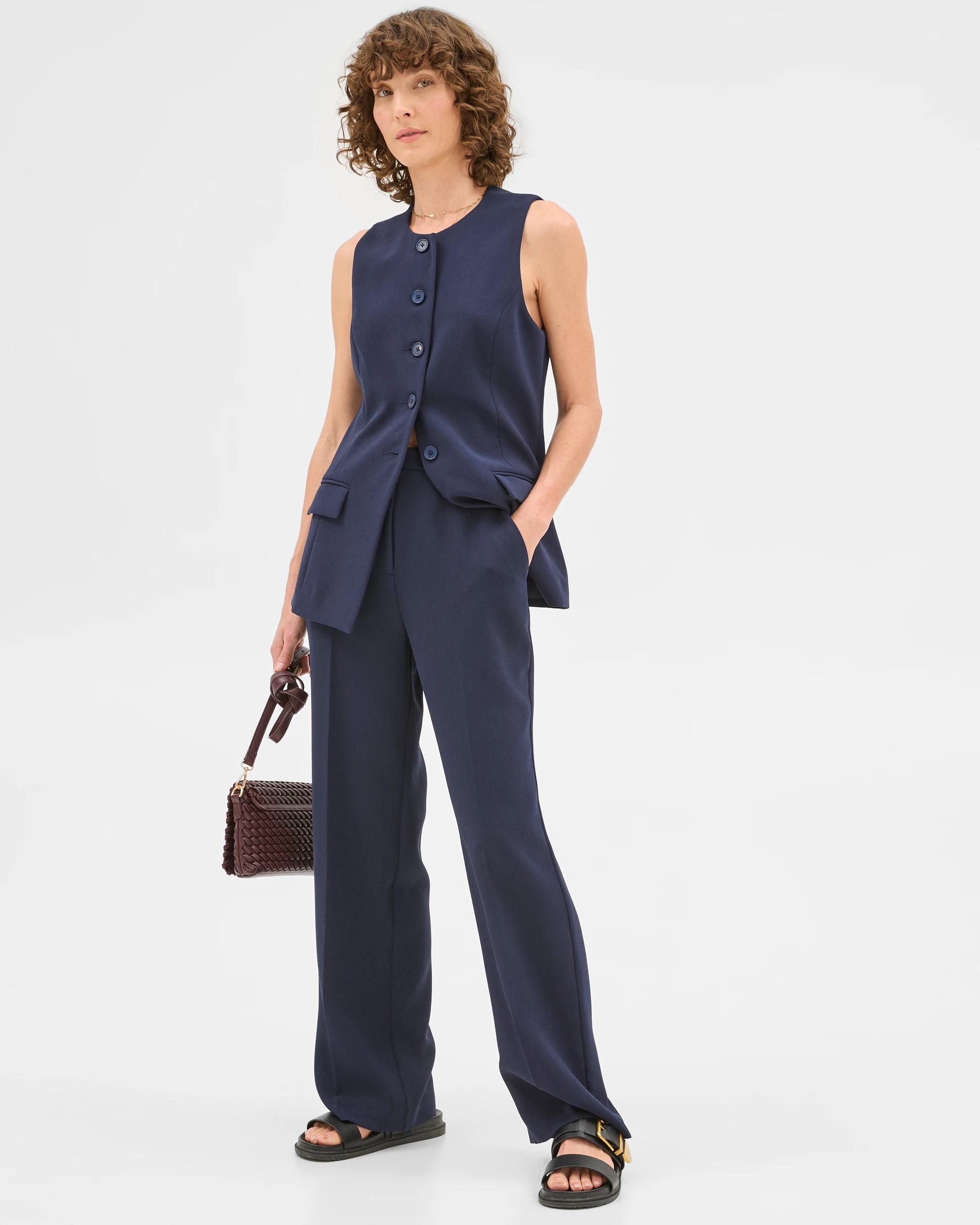 1 Crepe Tailored Button Front Vest - Preview NAVY BLUE, 1 of 6