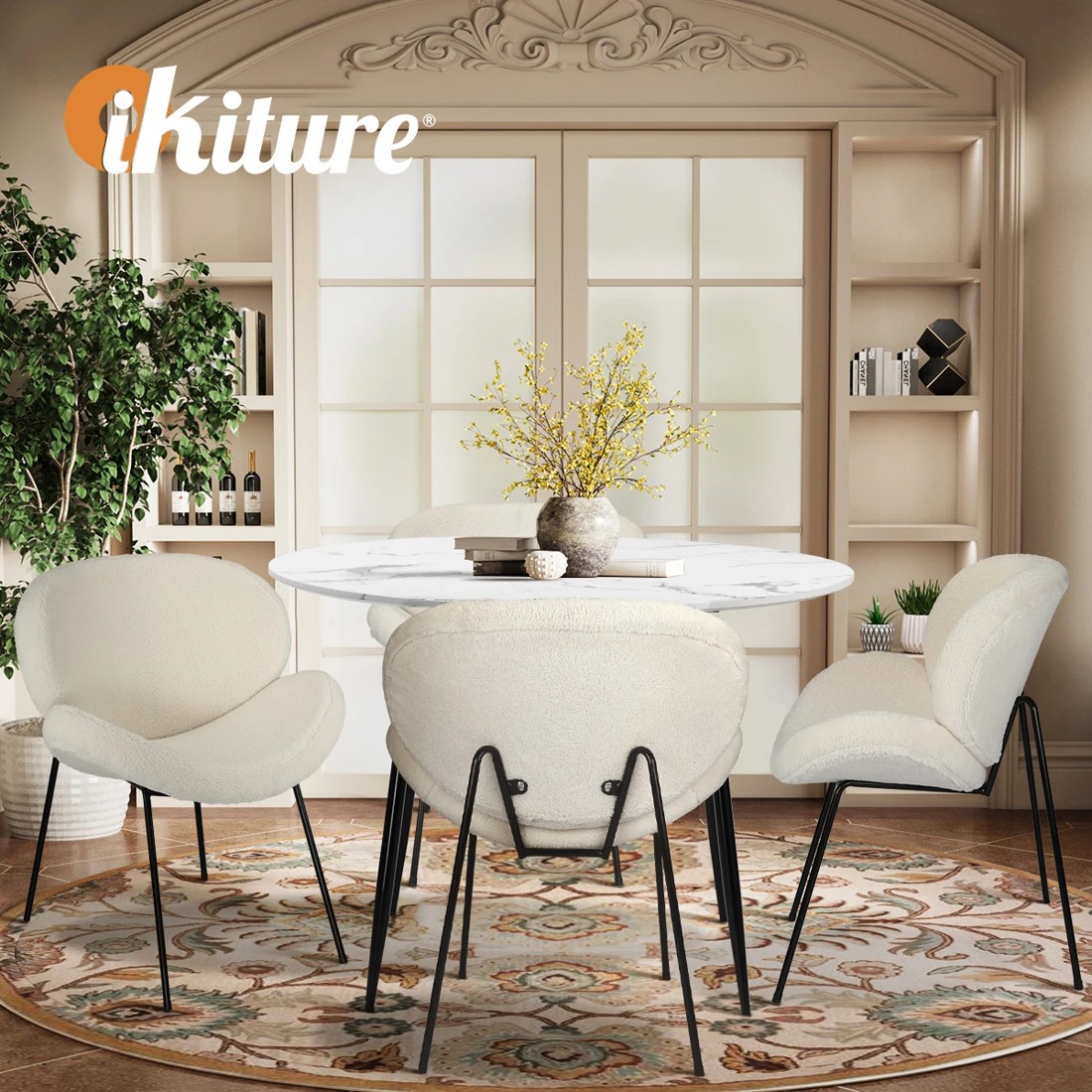 6 Oikiture 110cm Round Dining Table with 4PCS Dining Chairs Sherpa - Multi, 6 of 9