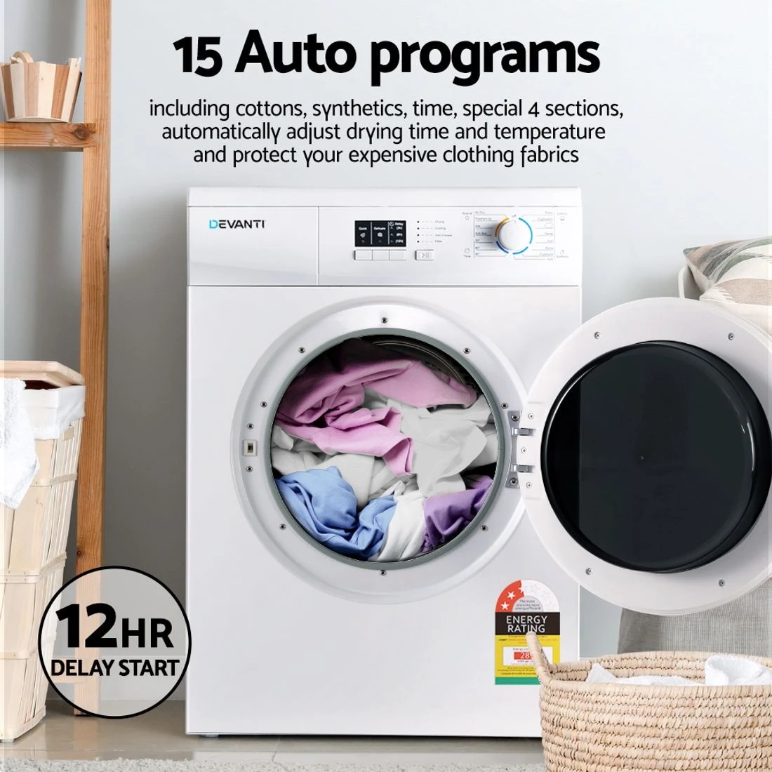 5 Devanti 7kg Tumble Dryer Vented 15 Auto Programs Freestanding - White, 5 of 8