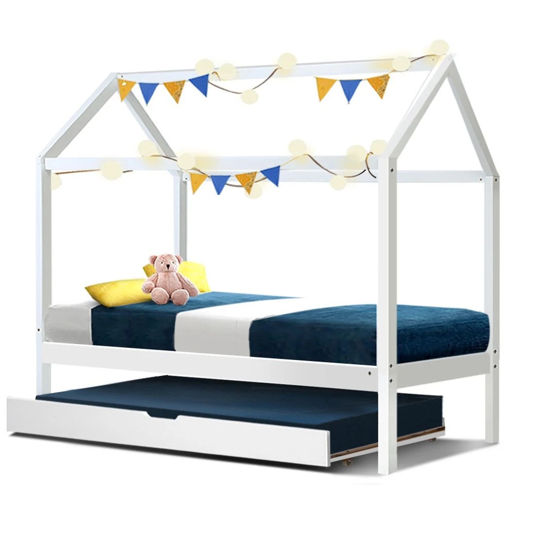 1 Artiss Bed Frame Wooden Trundle Daybed Kids House Frame  HOLY - White, 1 of 4