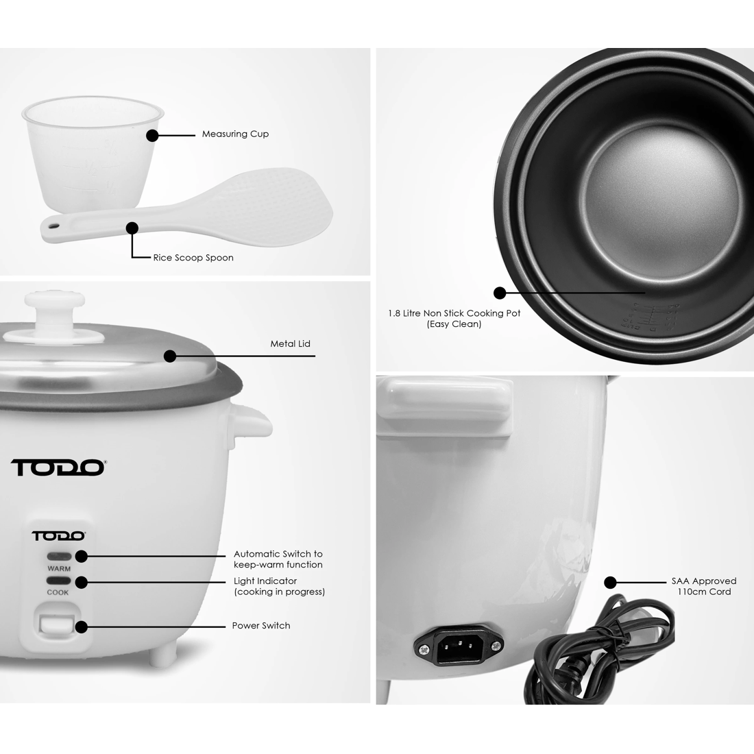 6 TODO 1.8L Rice Cooker 10 Cup Capacity 700W Spoon Cup Keep Warm Non Stick Pan, 6 of 6